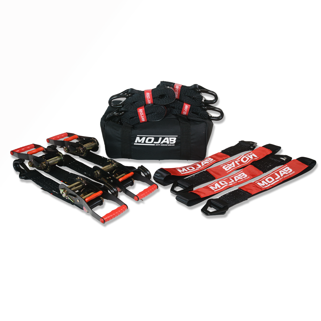 MOJAB OFFROAD 2" x 10' ratchet tie-down with closed hook and 2" x 39" axle tie-down set of four for cargo securing.