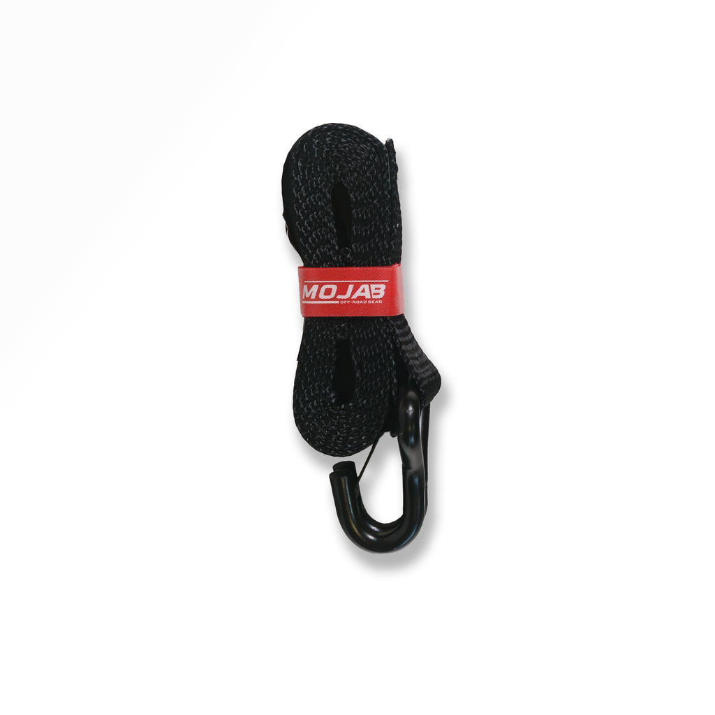 MOJAB OFFROAD 2" x 10' ratchet tie-down with closed hook and 2" x 39" axle tie-down set of 4 for secure vehicle transport.