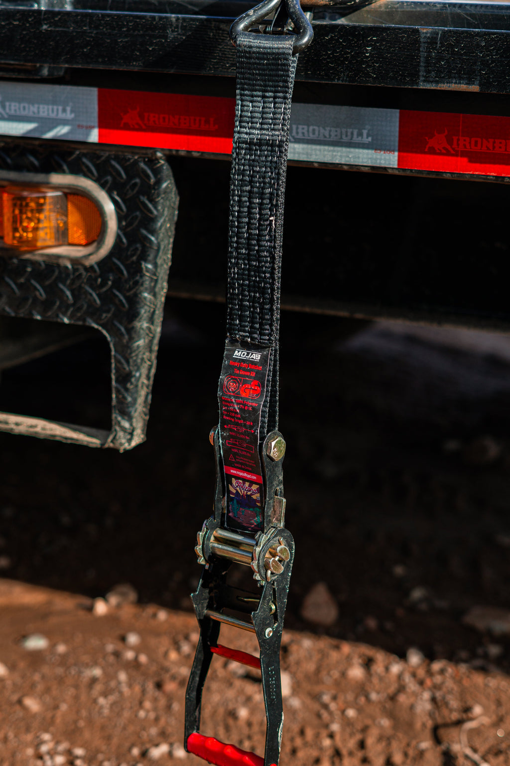 MOJAB OFFROAD 2" x 10' ratchet tie-down with closed hook and 2" x 39" axle tie-down set of 4 for secure vehicle transport.