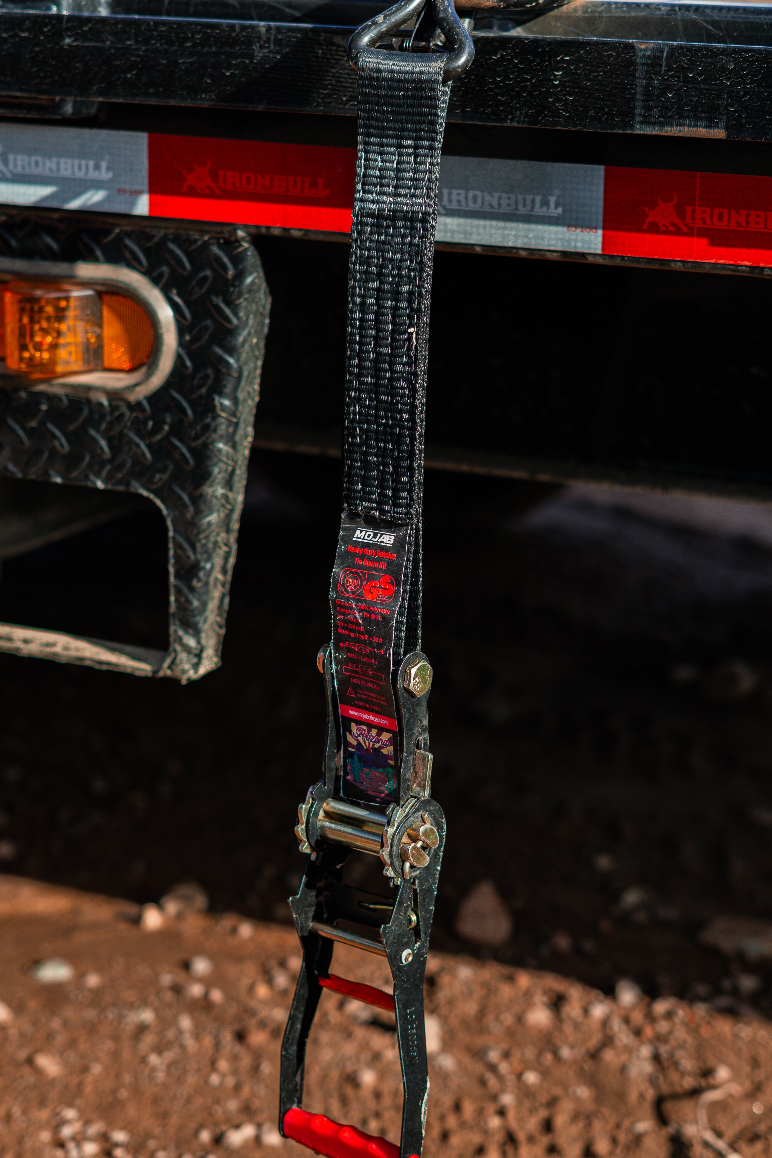 MOJAB OFFROAD 2" x 10' ratchet tie-down with closed hook and 2" x 39" axle tie-down set of 4 for secure vehicle transport.