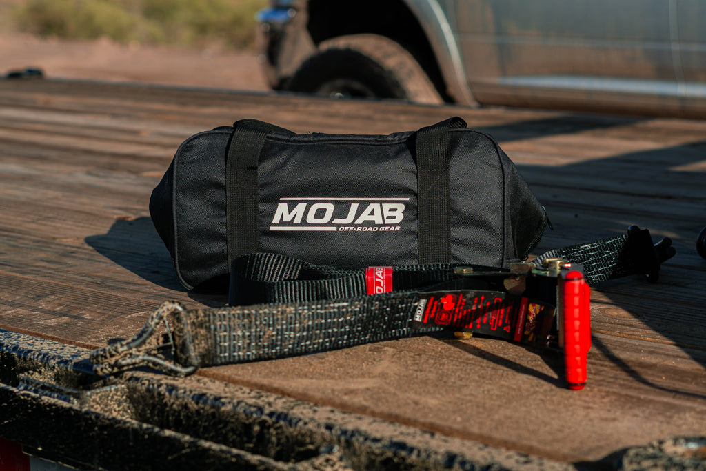 MOJAB OFFROAD 2" x 10' ratchet tie-down with closed hook and 2" x 39" axle tie-down set of 4, lifetime warranty, rugged straps.
