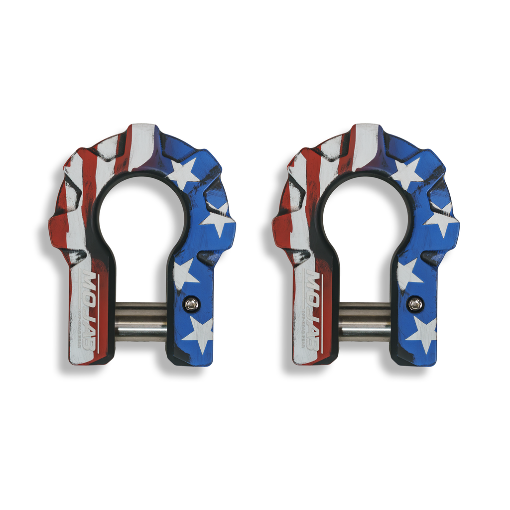 American flag aluminum shackle set by MOJAB OFFROAD, 3/4 inch extreme duty shackles, durable and lightweight for off-road use.