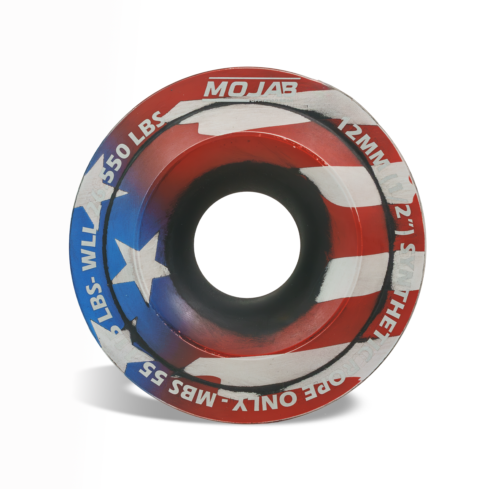 American Flag XL Snatch Ring by MOJAB OFFROAD, 4.7-inch diameter, featuring a bold American flag design on a durable metal ring.
