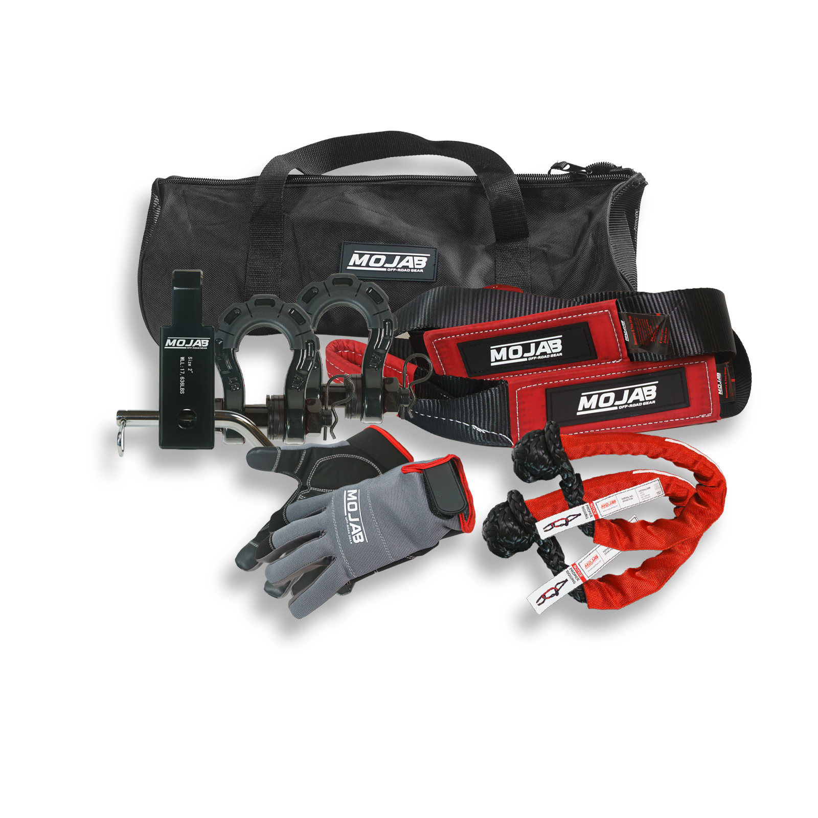 MOJAB OFFROAD Deluxe Recovery Kit with 7 tools, 5 storage bags, Velcro tape, and lifetime warranty for off-road recovery.
