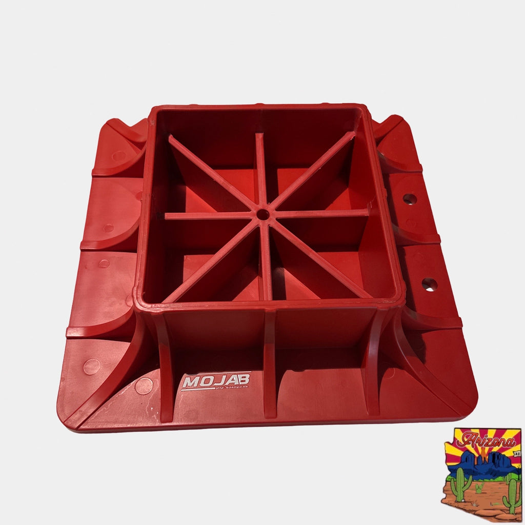 Extended Jack Base by MOJAB OFFROAD, showcasing a sturdy, black metal support component for off-road vehicle jacks.