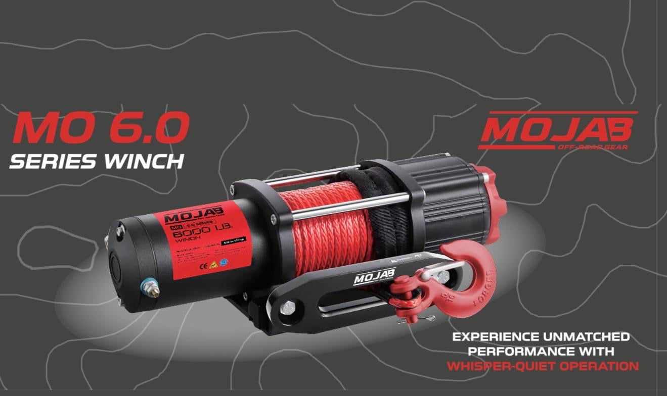 MOJAB OFFROAD MO6.0 Series Electric Winch, black metal construction with control handle and cable spool for off-road vehicle recovery.