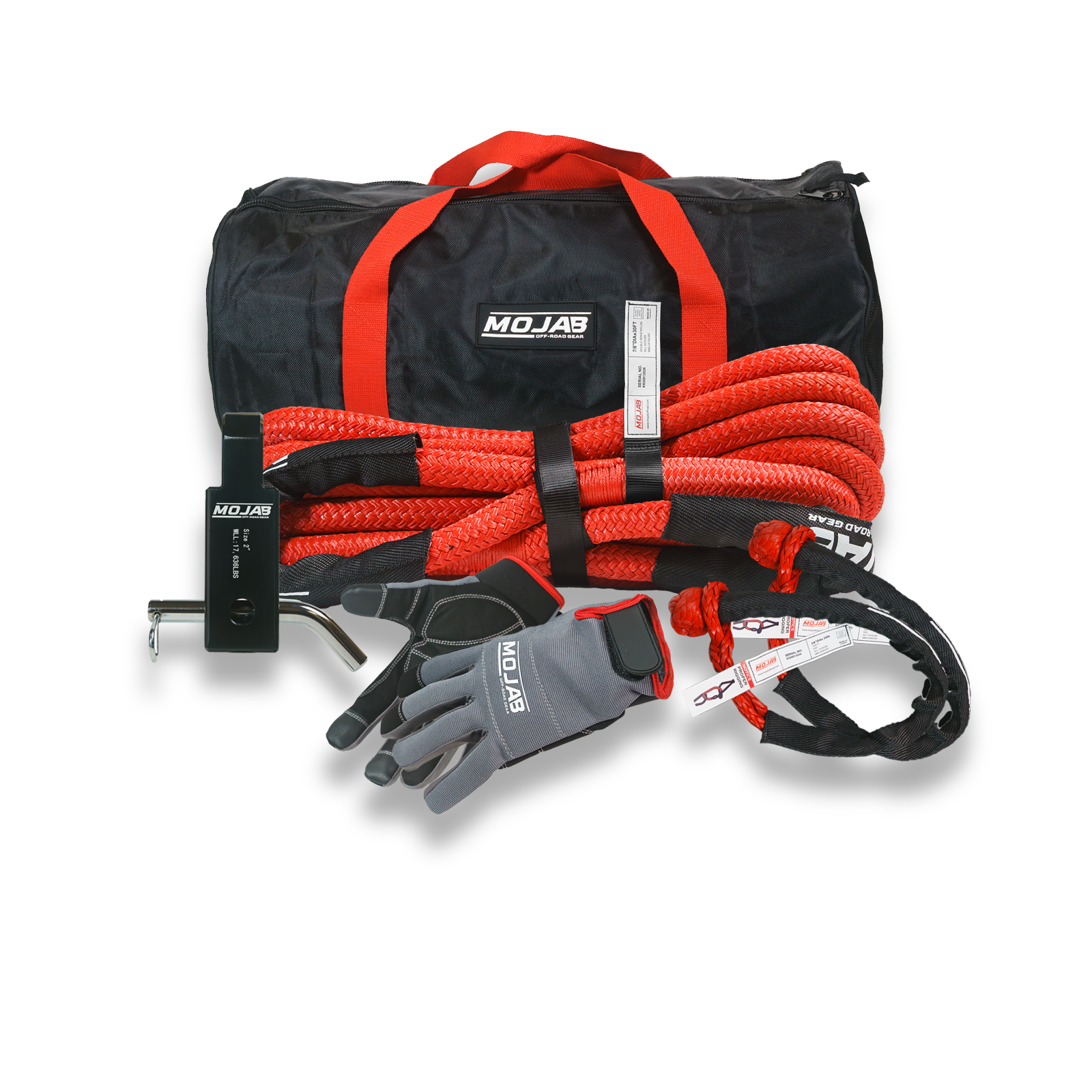 MOJAB OFFROAD Prime Recovery Kit with 5 tools, 4 storage bags, and Velcro tape, designed for off-road recovery and durability.