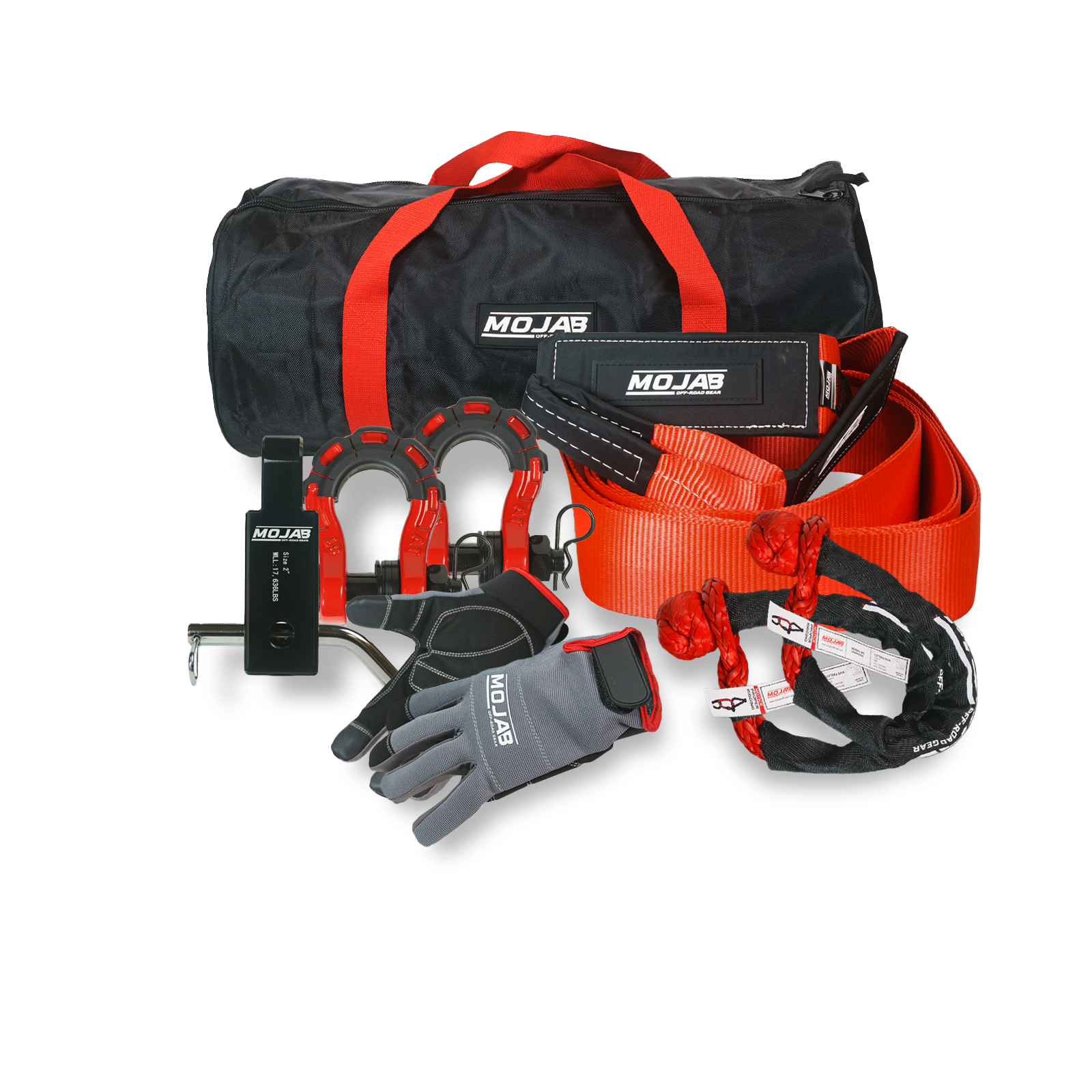 MOJAB OFFROAD Supreme Recovery Kit with 7 tools, 5 storage bags, 2 Velcro tapes, and lifetime warranty for off-road recovery.