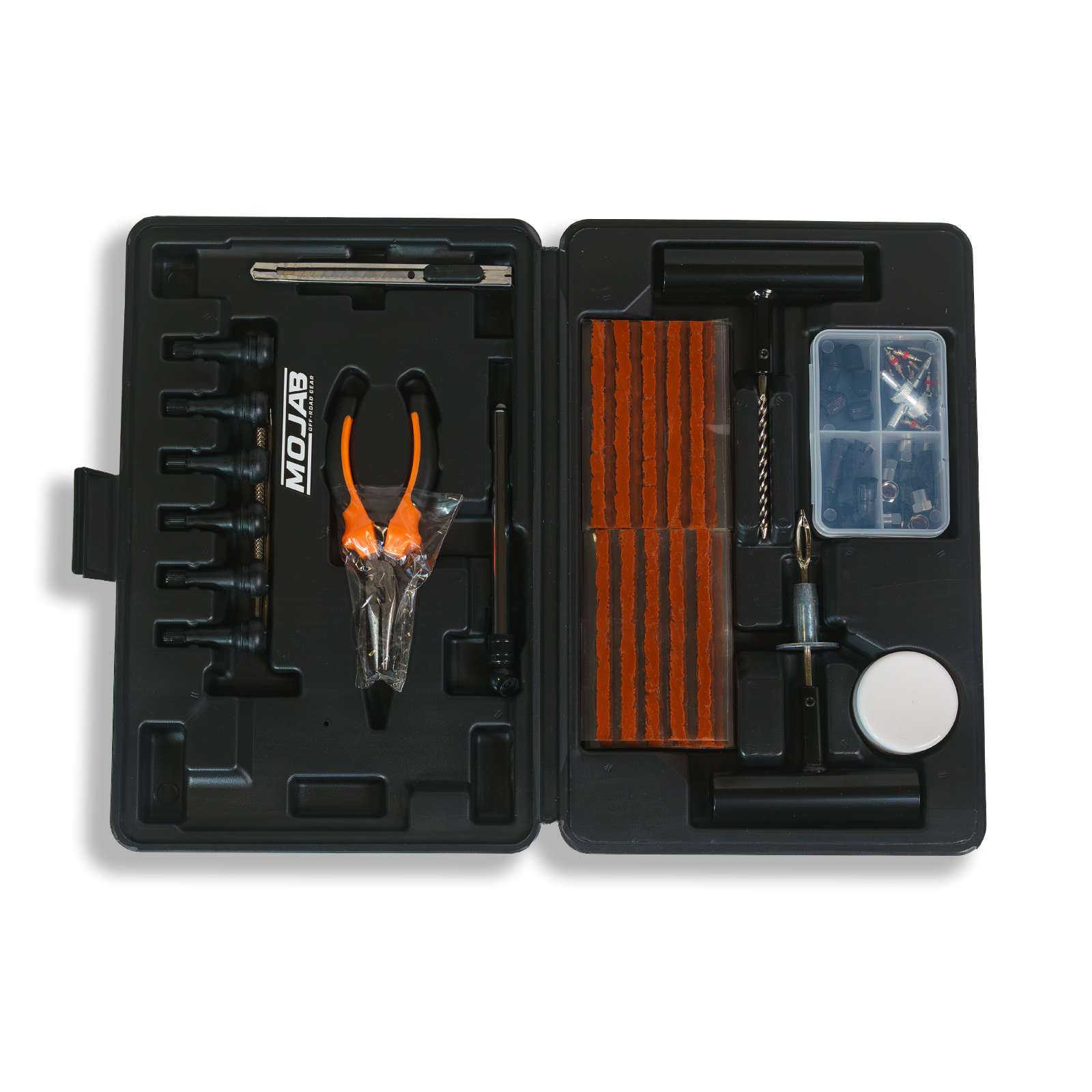 MOJAB OFFROAD 98-piece tire repair kit with tools and accessories for quick puncture repairs on vehicles.