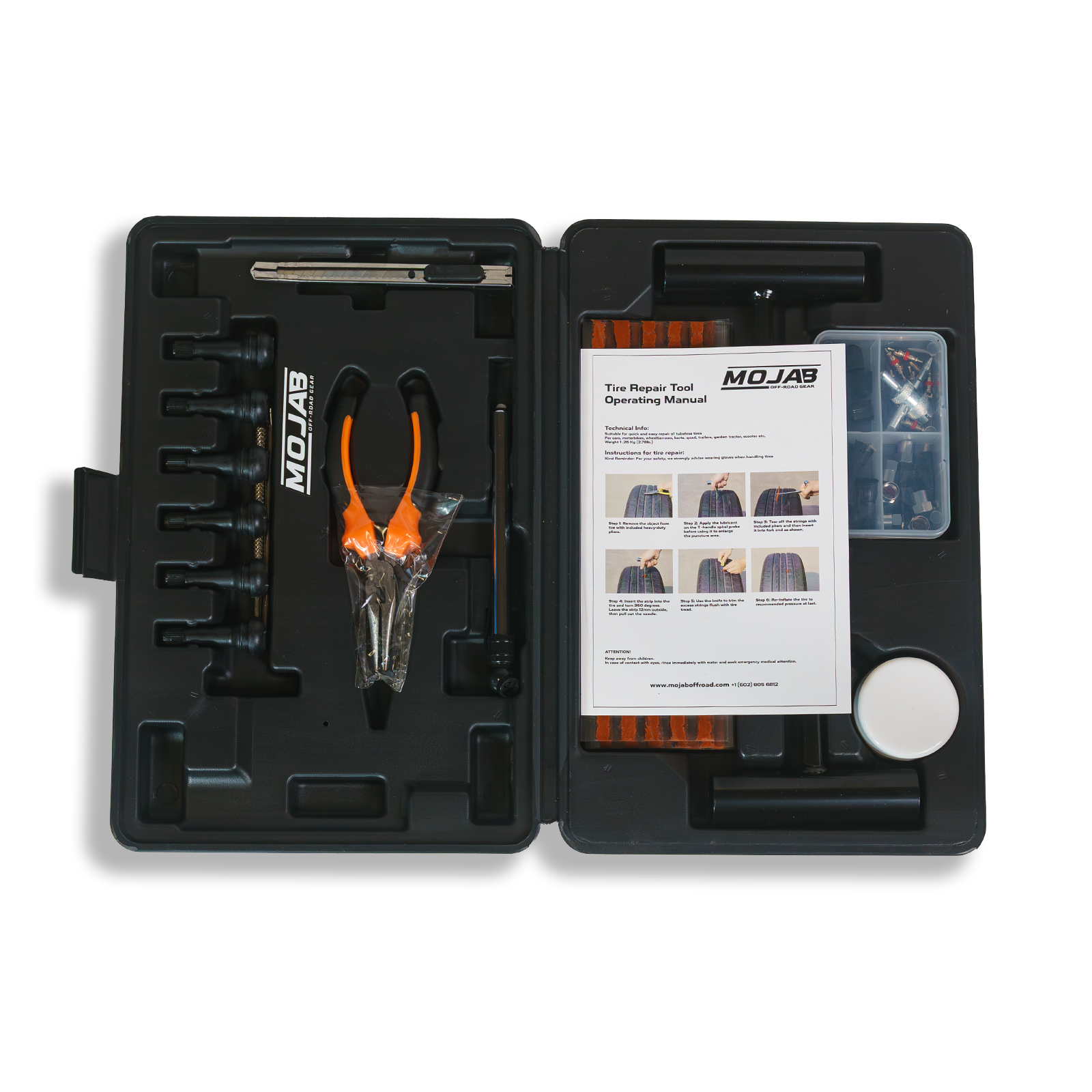 MOJAB OFFROAD 98-piece tire repair kit with tools and accessories for emergency puncture repairs.