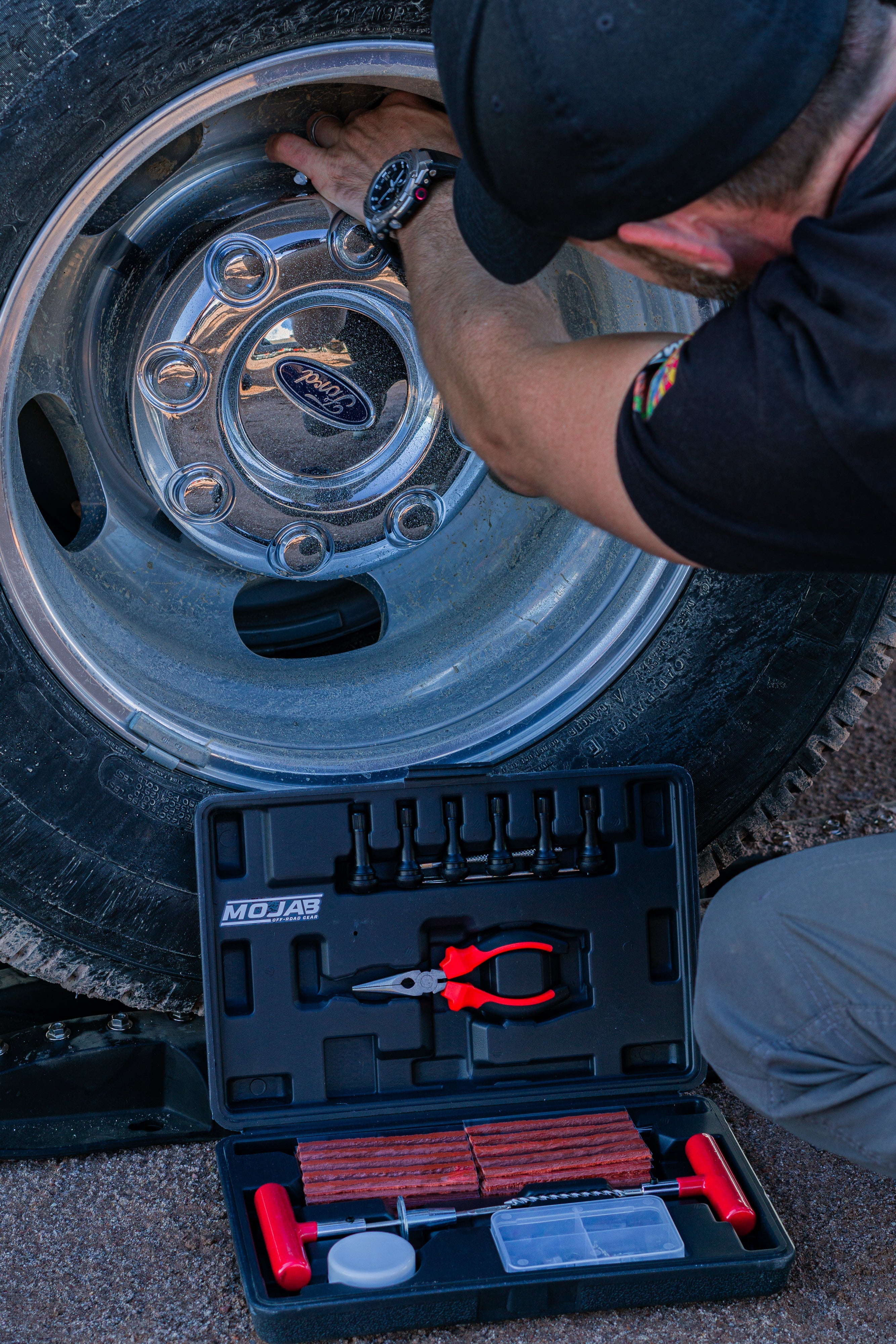 MOJAB OFFROAD 98-piece tire repair kit with tools and patches for emergency tire repairs