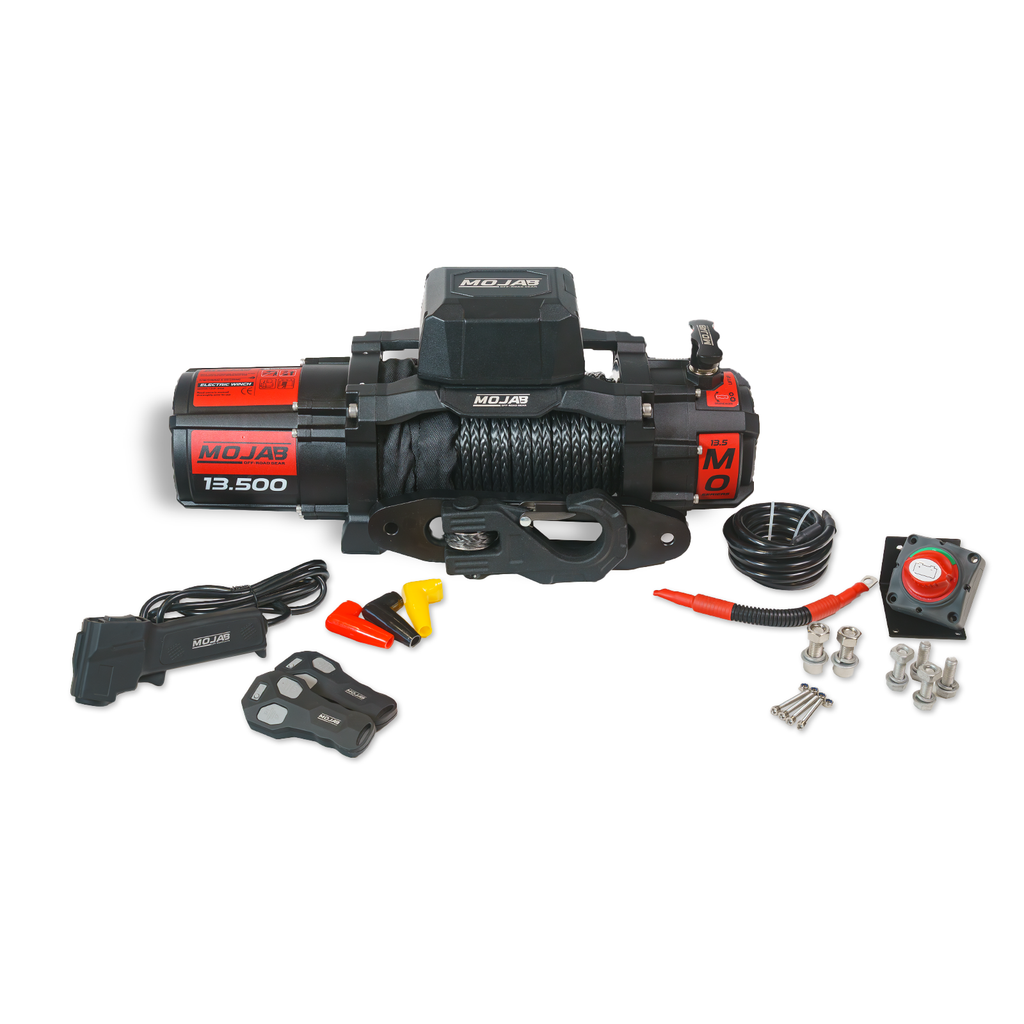 MOJAB OFFROAD MO13.5 Series electric winch with steel cable and control box for off-road vehicle recovery.