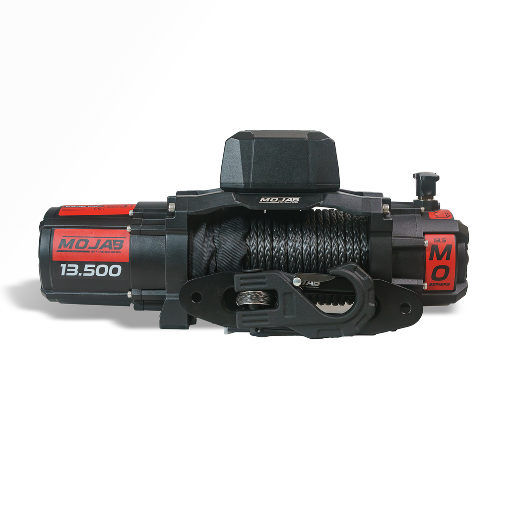 MOJAB OFFROAD MO13.5 Series electric winch with steel cable and mounting plate for off-road vehicle recovery.