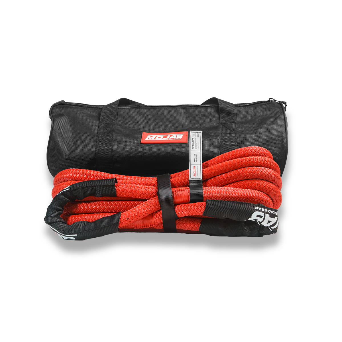 Black MOJAB OFFROAD 7/8-inch x 30-foot kinetic recovery rope with storage bag for off-road vehicle recovery and towing.