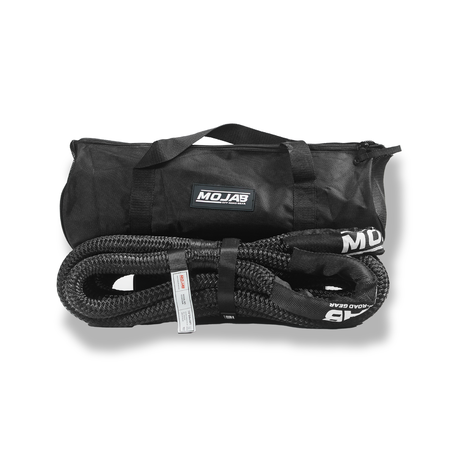 Black 7/8" x 30' MOJAB OFFROAD kinetic rope with storage bag for vehicle recovery and towing, lifetime warranty included.