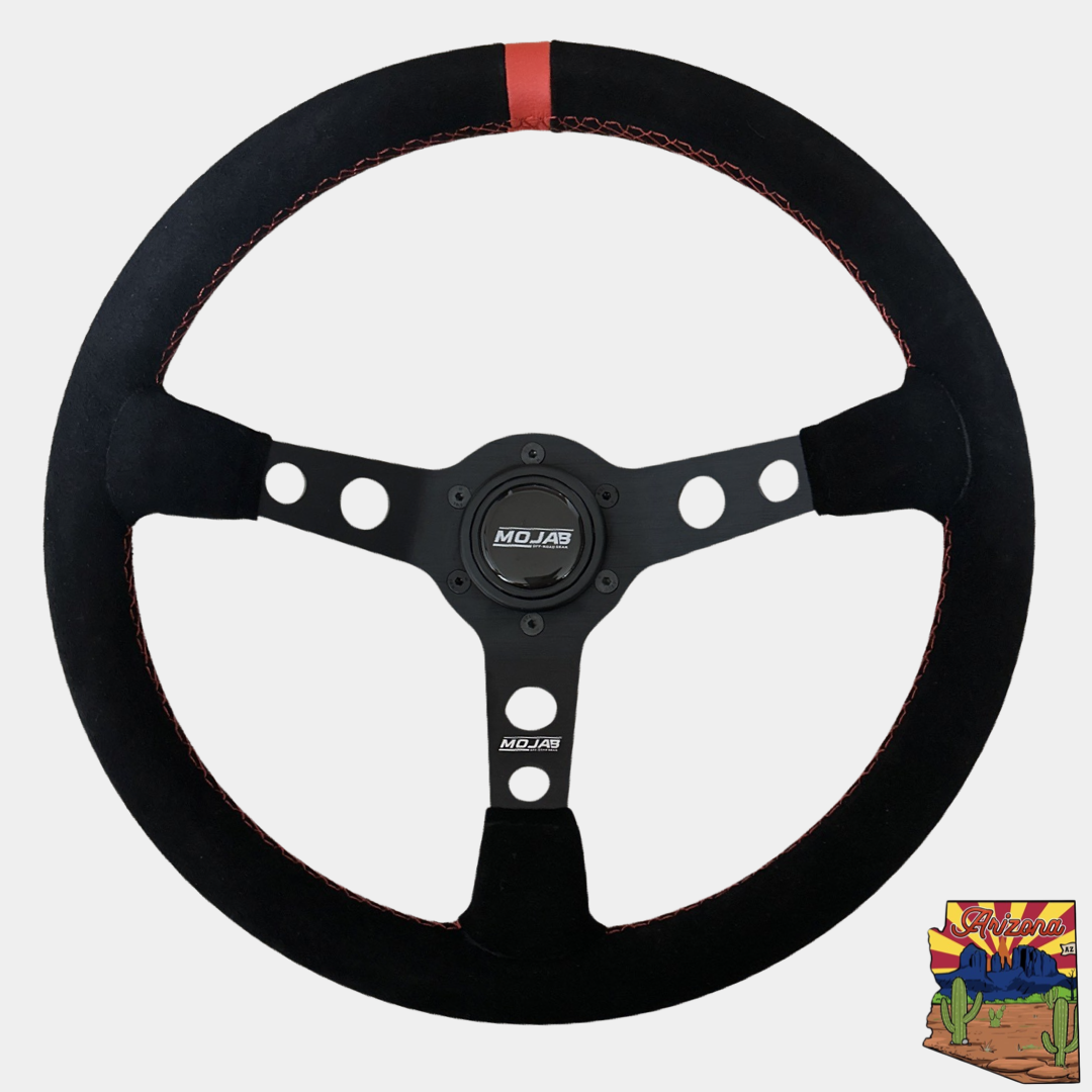 13.5-inch MOJAB OFFROAD deep dish steering wheel with leather or suede cover, showcasing the textured material and ergonomic design.