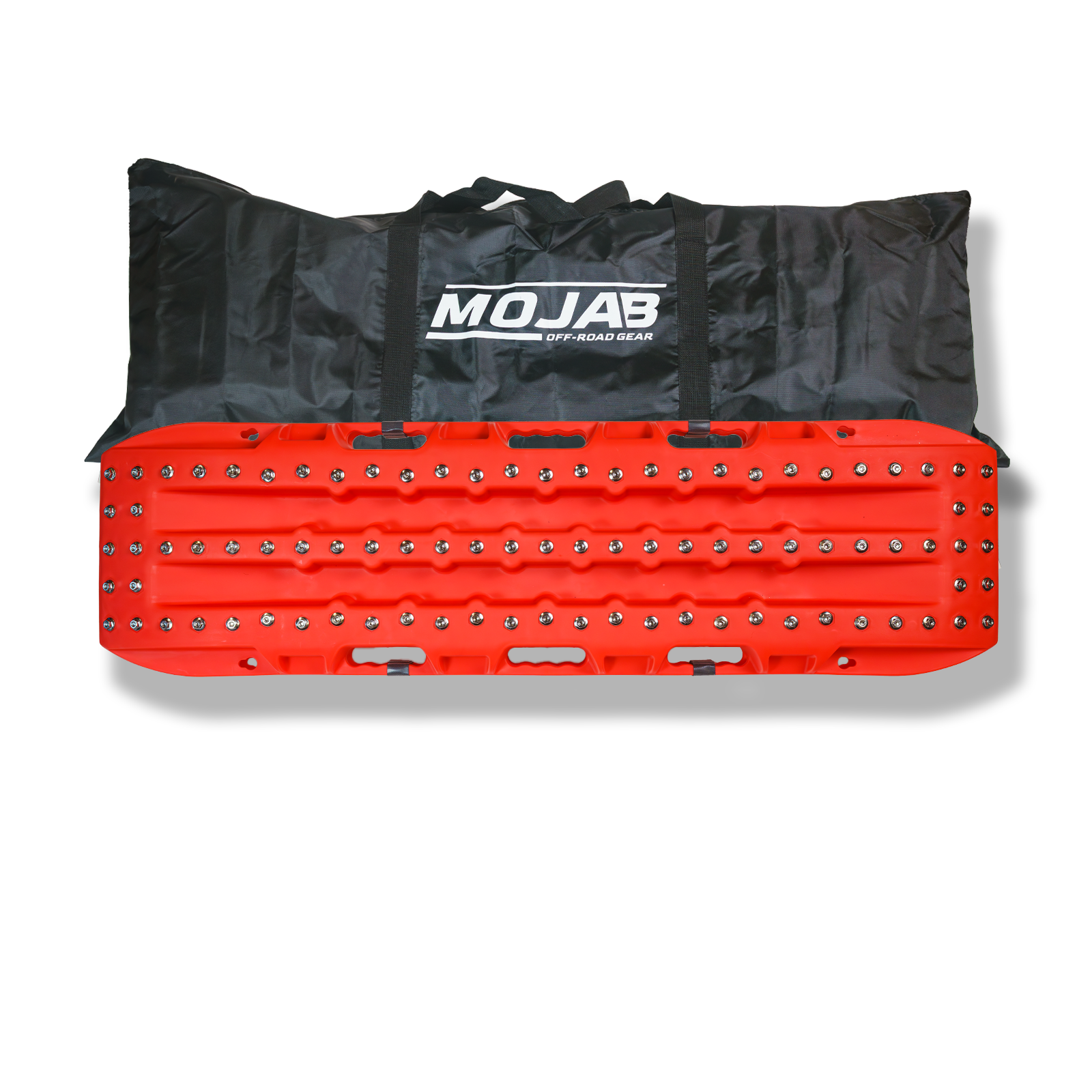 Two MOJAB OFFROAD Ultimate Traction recovery boards with steel plugs, black recovery boards for off-road vehicle recovery.