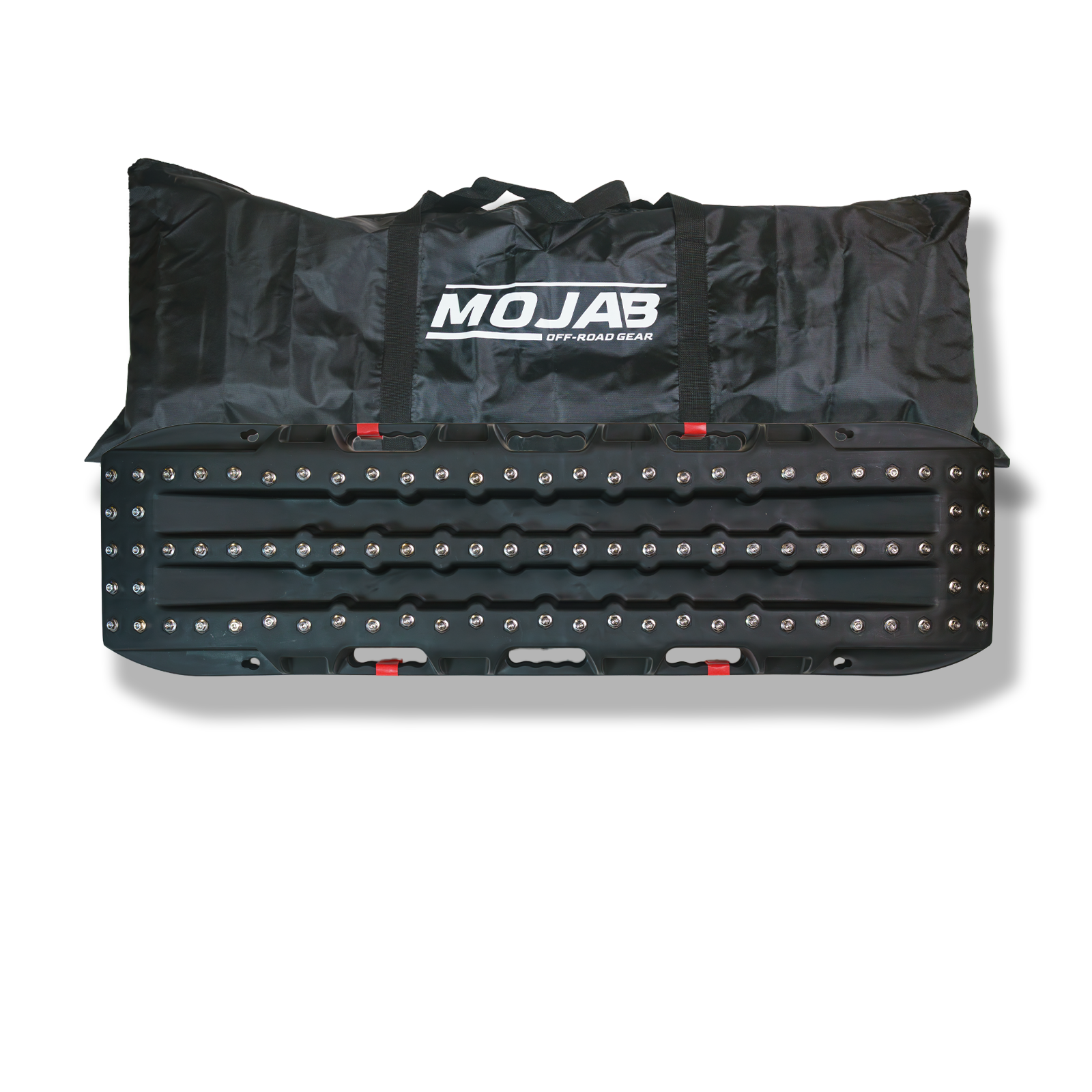 Two MOJAB OFFROAD Ultimate Traction recovery boards with steel plugs, black recovery boards for vehicle recovery and off-road traction.