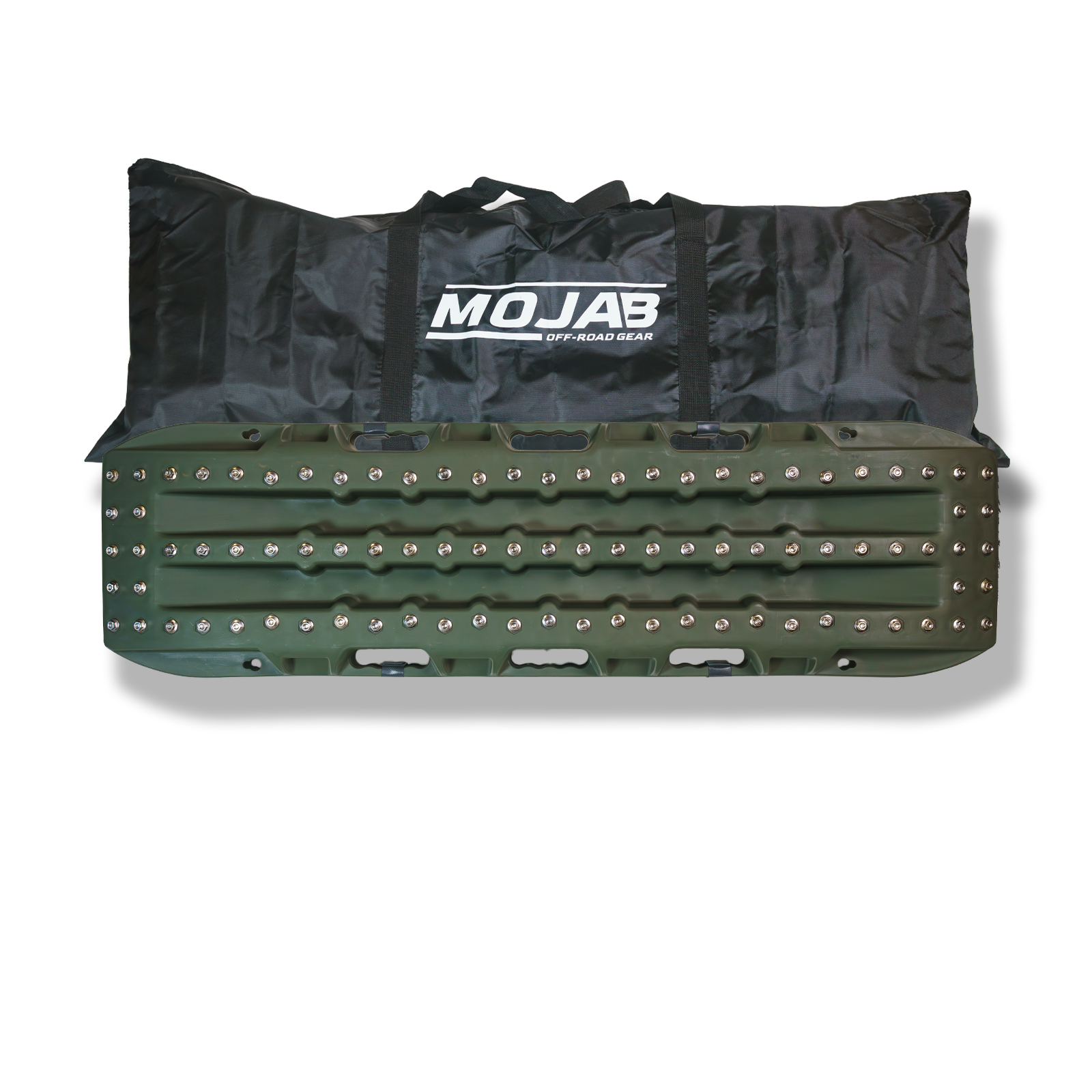 Two MOJAB OFFROAD Ultimate Traction recovery boards with steel plugs, black recovery boards for vehicle rescue and off-road recovery.