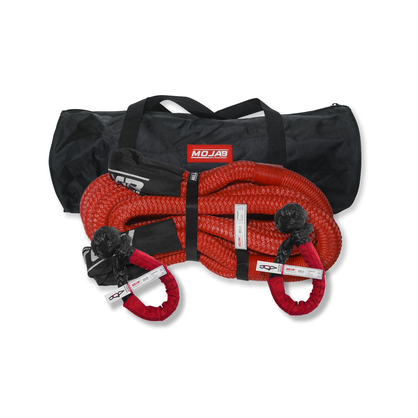 MOJAB OFFROAD Elite Recovery Kit with 5 items, 2 storage bags, Velcro tape, designed for off-road recovery and durability.