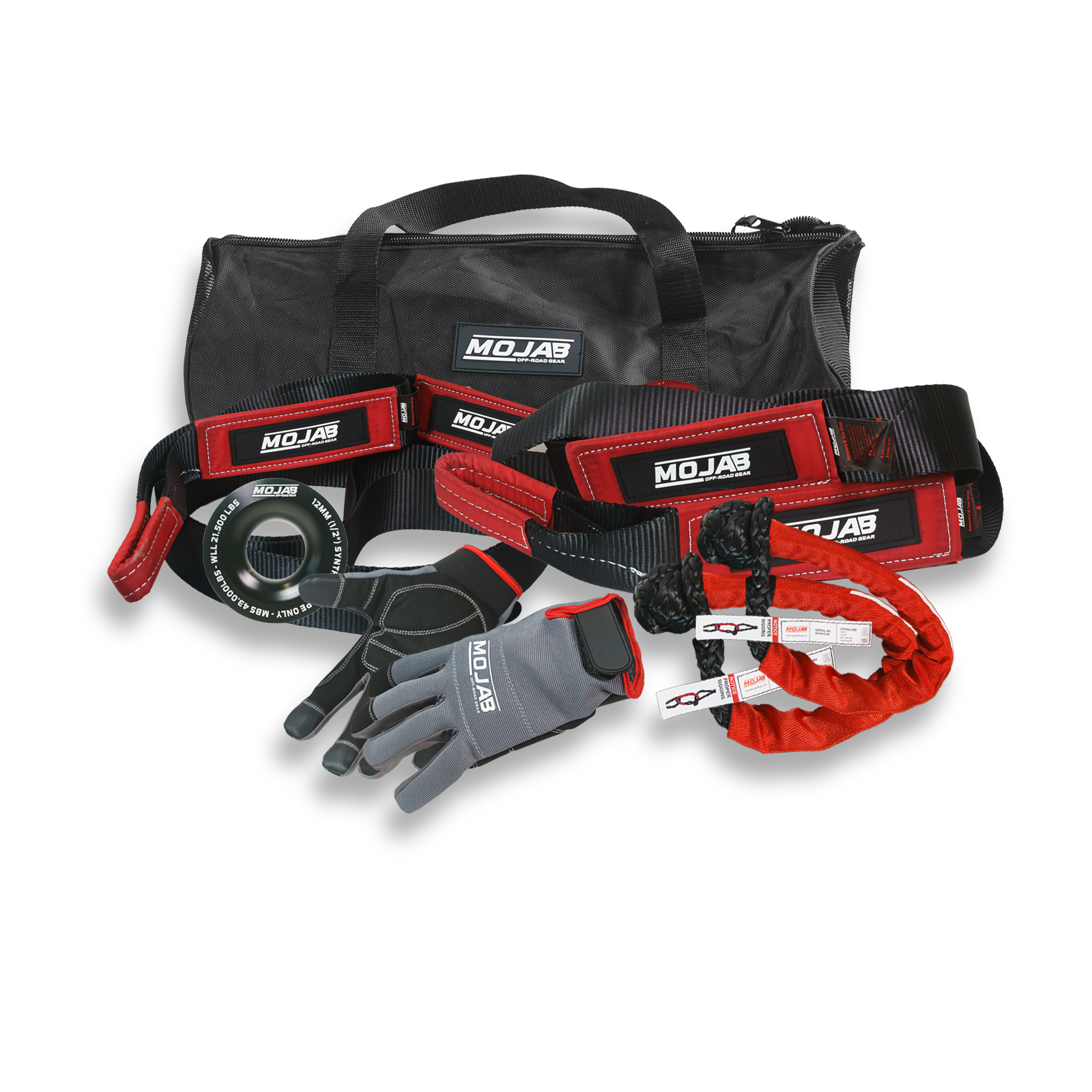 MOJAB OFFROAD Essential Recovery Kit with 6 items, storage bag, Velcro tape, designed for vehicle recovery and outdoor adventures.