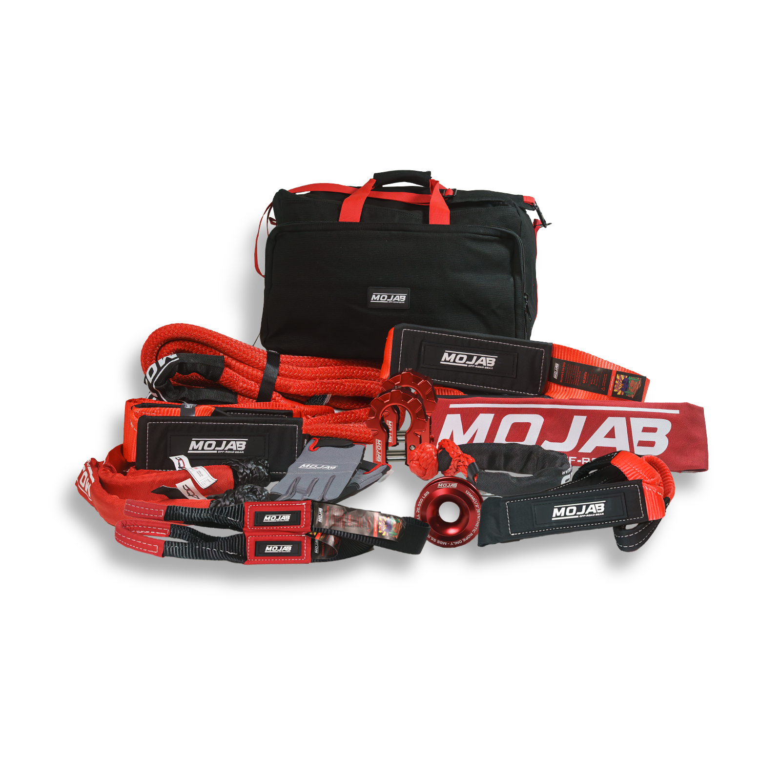 MOJAB OFFROAD Extreme Recovery Kit with 14 recovery items, 9 storage bags, 4 Velcro tapes, and lifetime warranty.