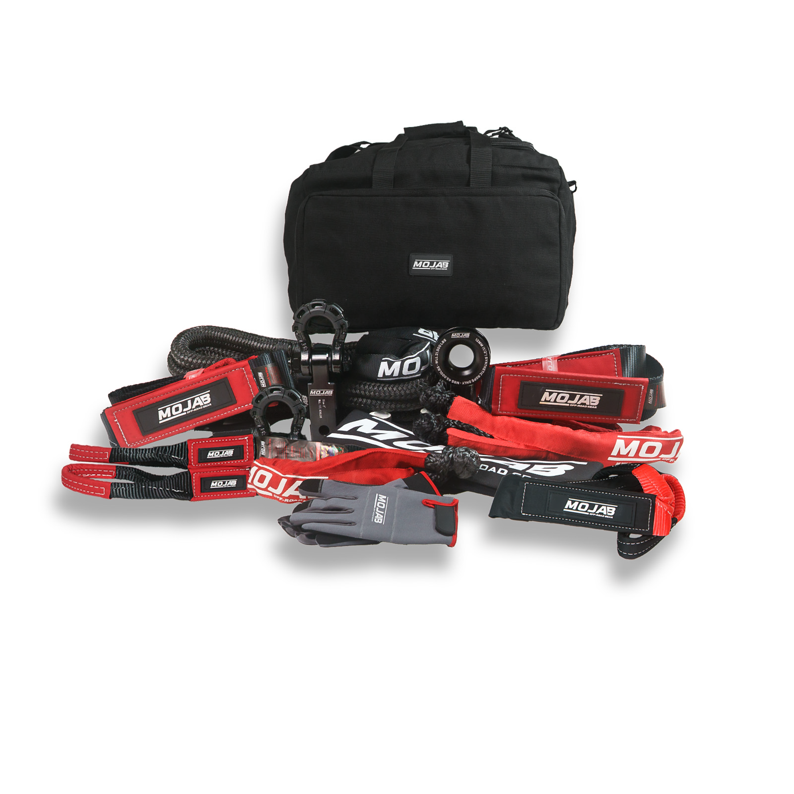 Heavy-duty MOJAB OFFROAD Recovery Kit with 14 tools, 9 storage bags, 4 Velcro tapes, designed for vehicle recovery and rescue.