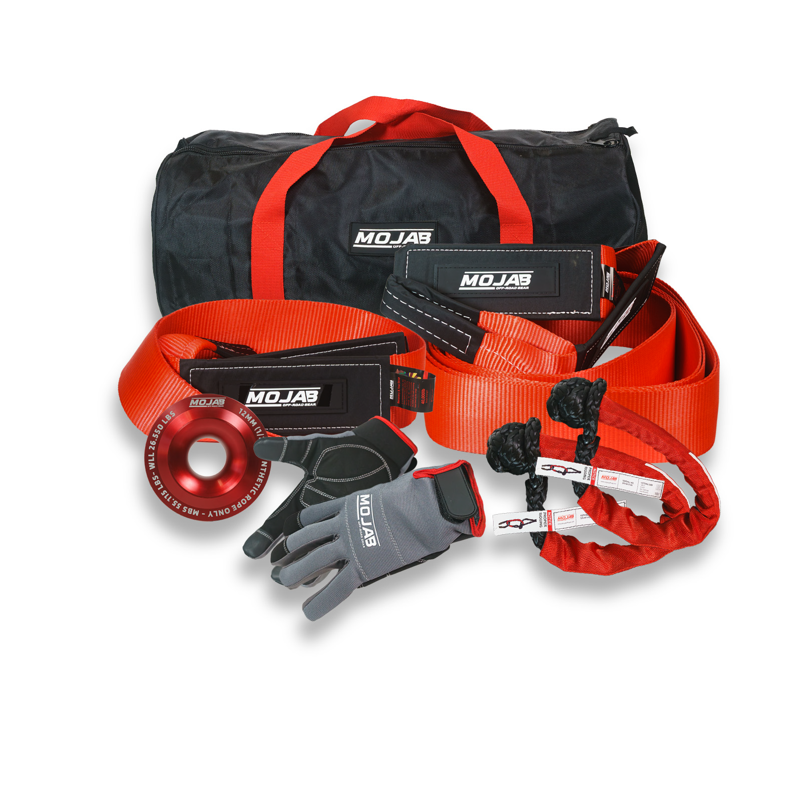 MOJAB OFFROAD Premium Recovery Kit with 6 tools, storage bag, 2 Velcro tapes, designed for off-road recovery, lifetime warranty included.