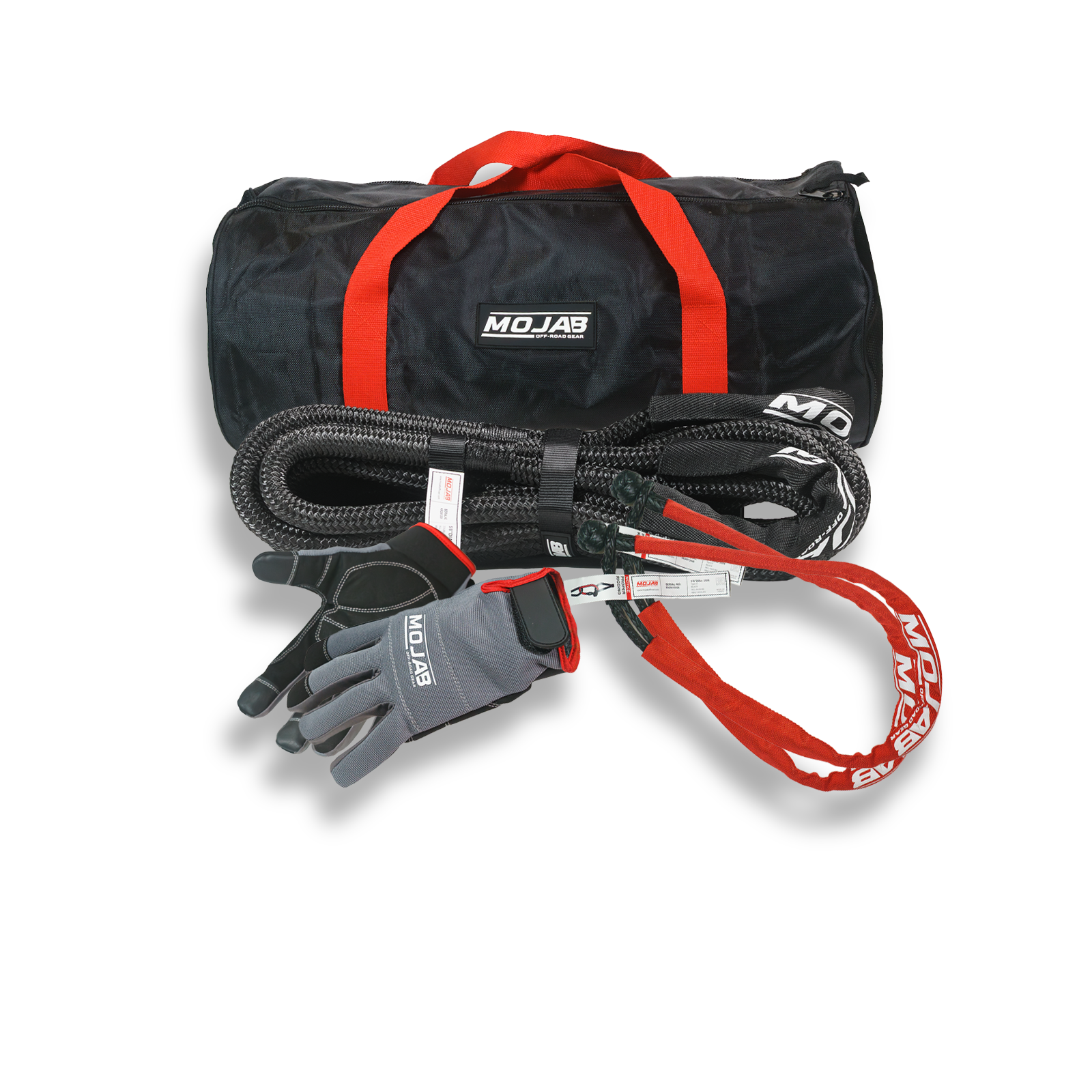 MOJAB OFFROAD UTV/ATV Essential Recovery Kit with 4 items, 3 storage bags, Velcro tape, and lifetime warranty.