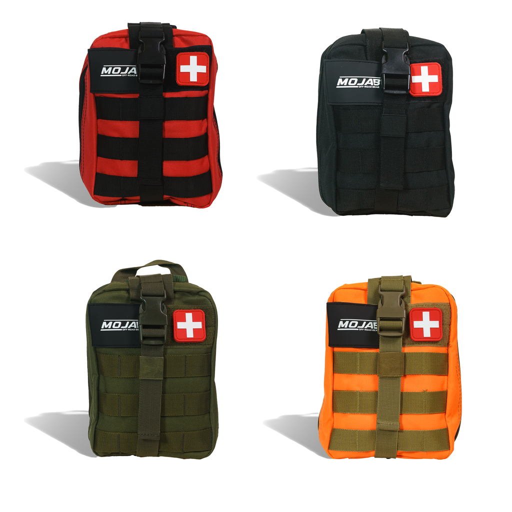 Red MOJAB OFFROAD first aid recovery kit with 151 pieces, essential medical supplies for outdoor and emergency use.