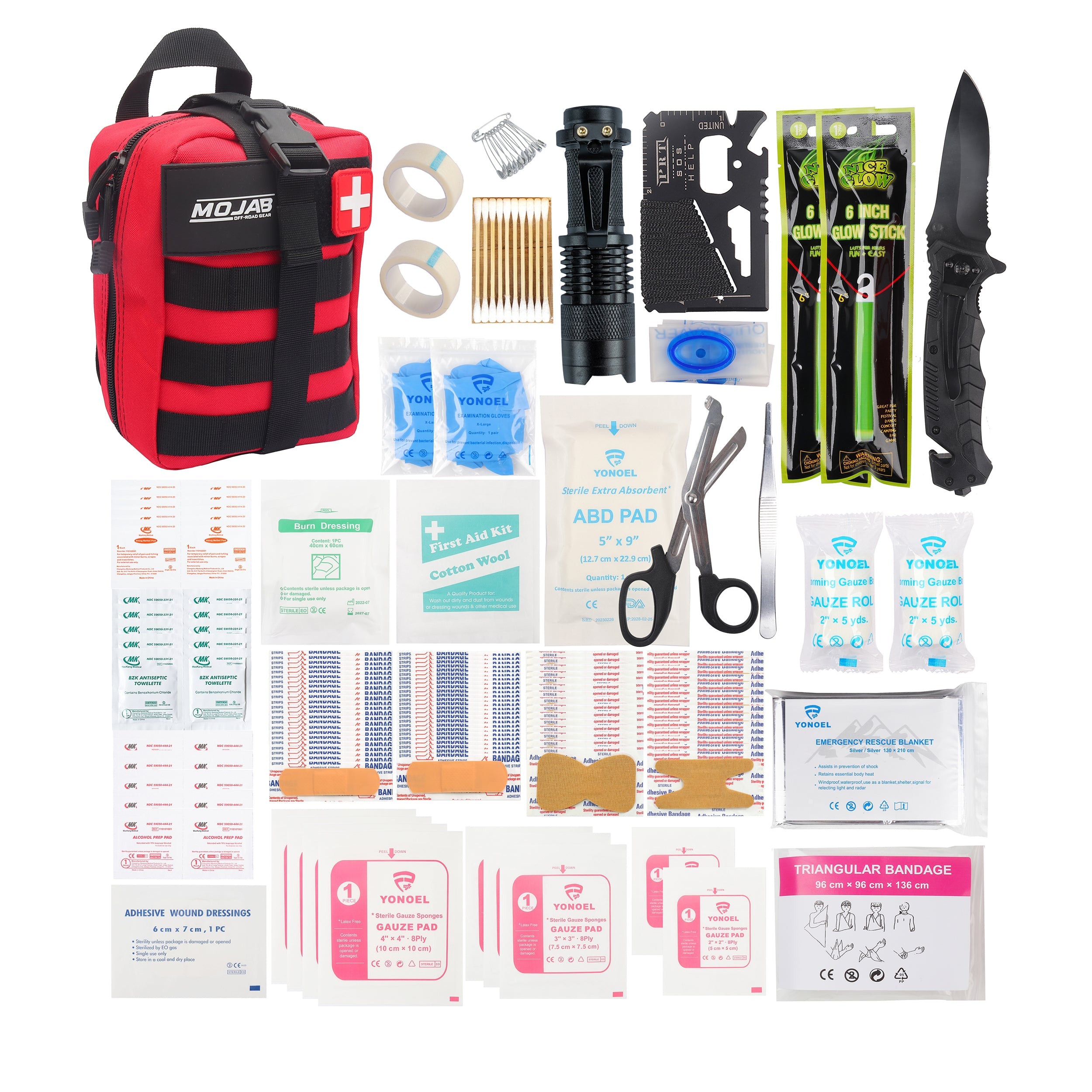 MOJAB OFFROAD 151-piece recovery first aid kit with red case, includes medical supplies for emergency outdoor recovery situations.