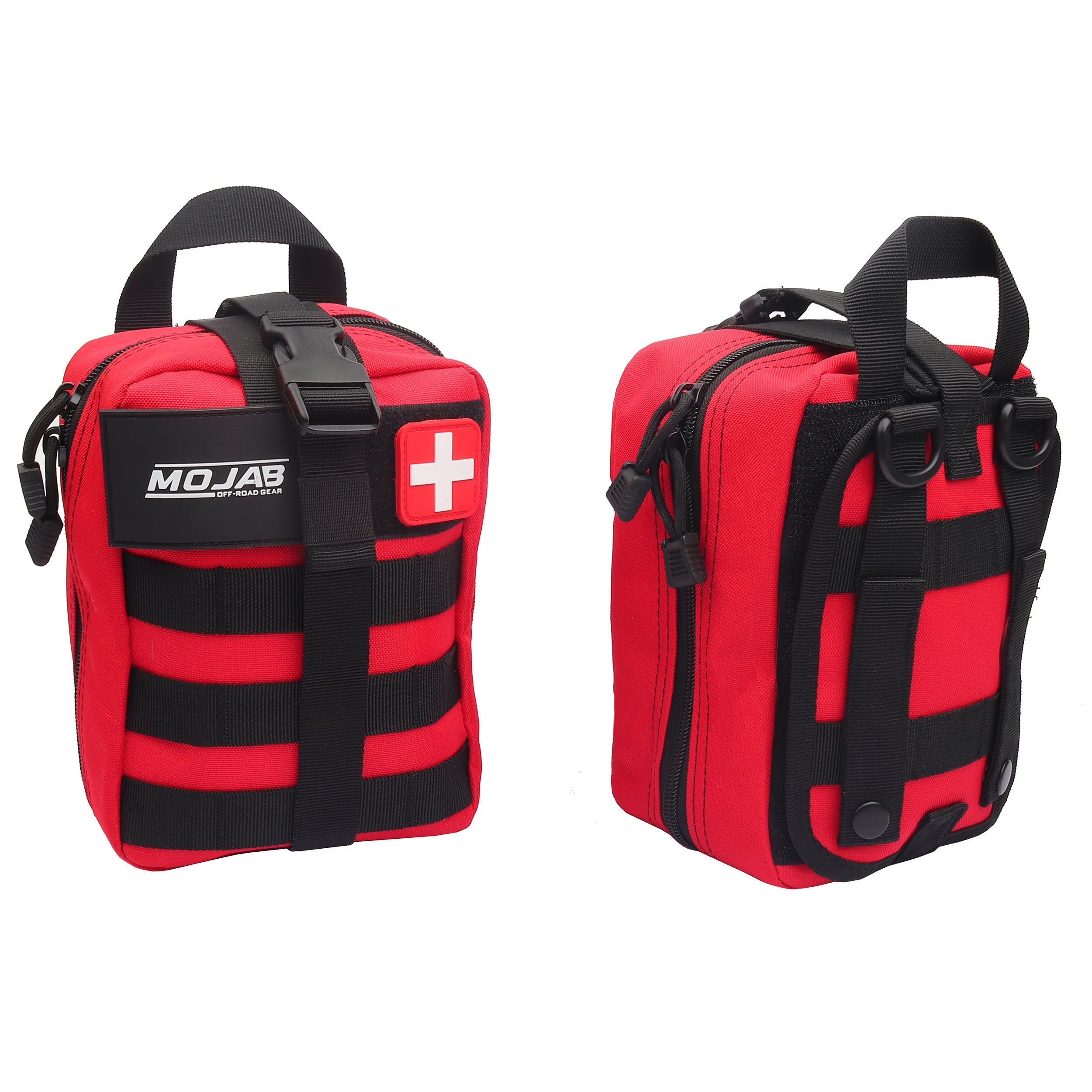MOJAB OFFROAD First Aid Kit with 151 pieces in a red recovery kit, containing medical supplies for emergencies and outdoor use.