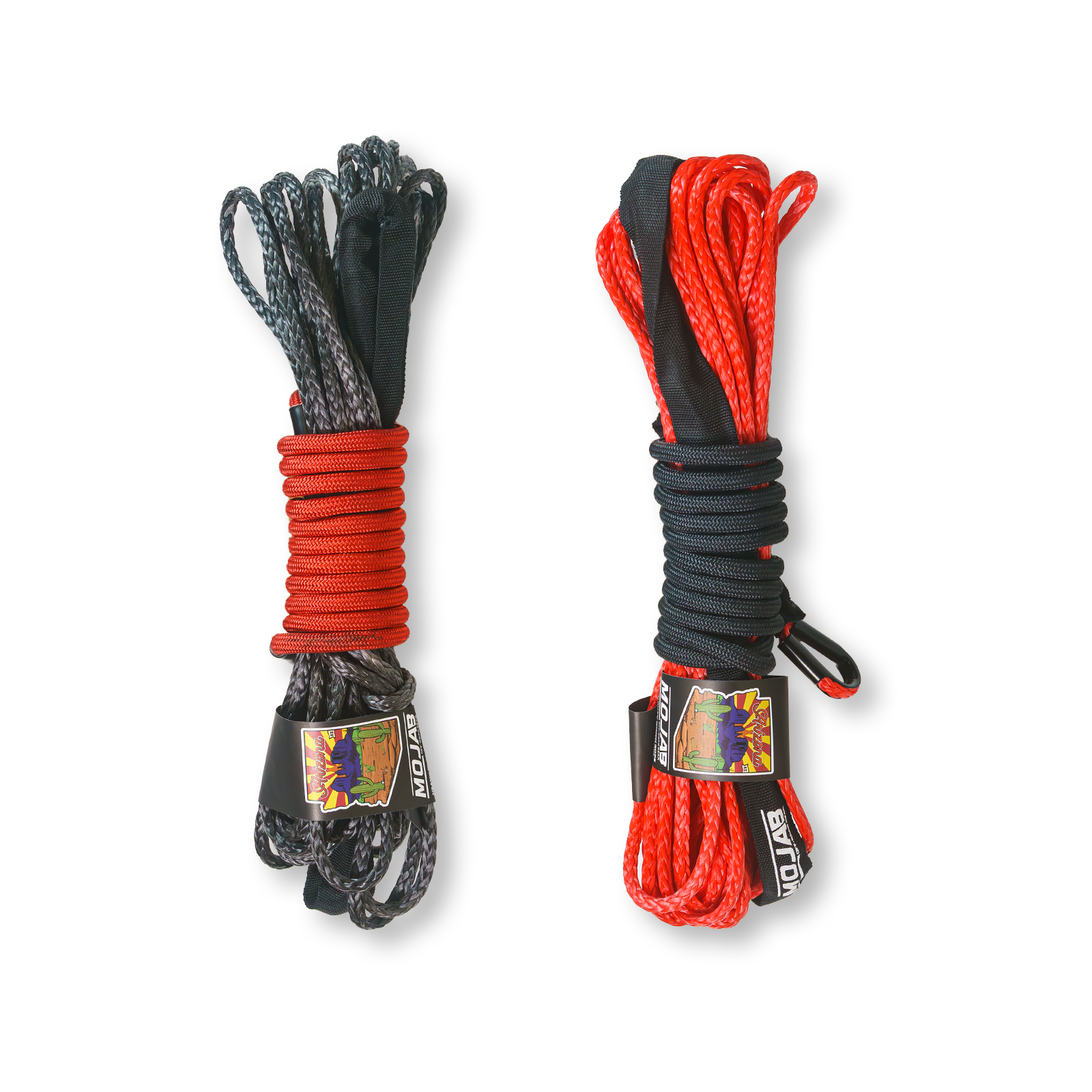 Red 1/4” x 50” heavy-duty SXS synthetic winch line by MOJAB OFFROAD, designed for off-road recovery and vehicle winching.