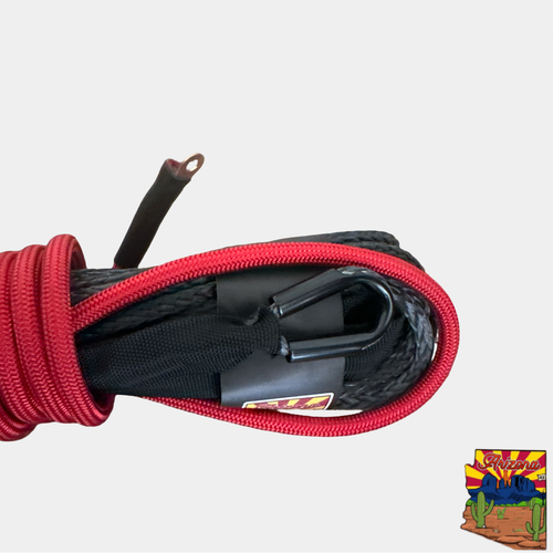 Red 1/4” x 50” heavy-duty SXS synthetic winch line by MOJAB OFFROAD, featuring durable construction for off-road recovery.