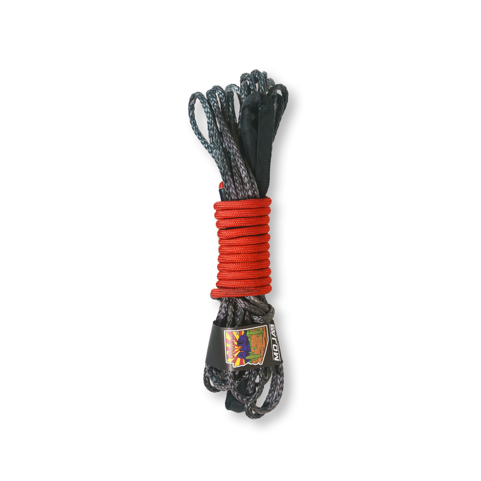 Red MOJAB OFFROAD 1/4” x 50” heavy-duty synthetic winch line for off-road recovery and towing.