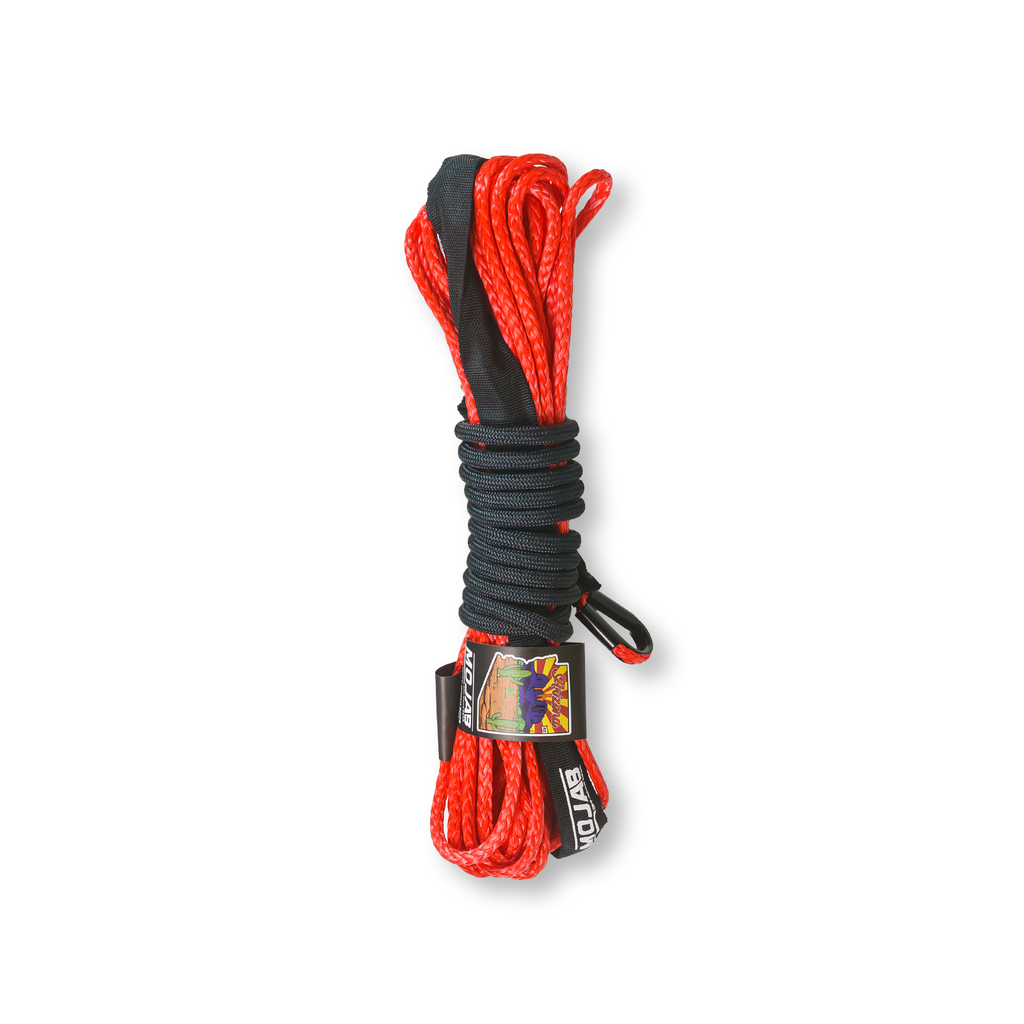 Red MOJAB OFFROAD 1/4-inch by 50-inch heavy-duty synthetic winch line with durable construction for off-road recovery.