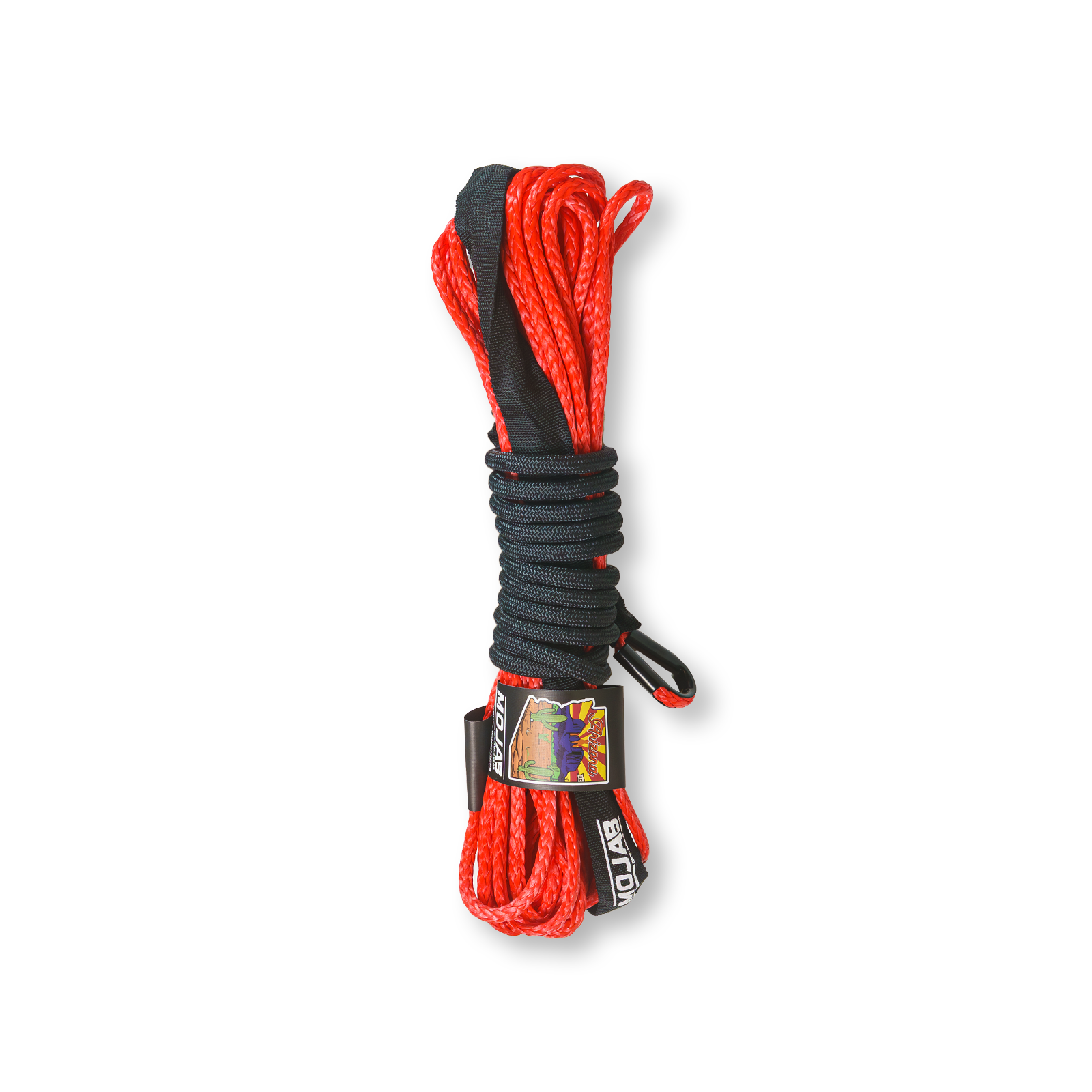 Red MOJAB OFFROAD 1/4-inch by 50-inch heavy-duty synthetic winch line with durable construction for off-road recovery.