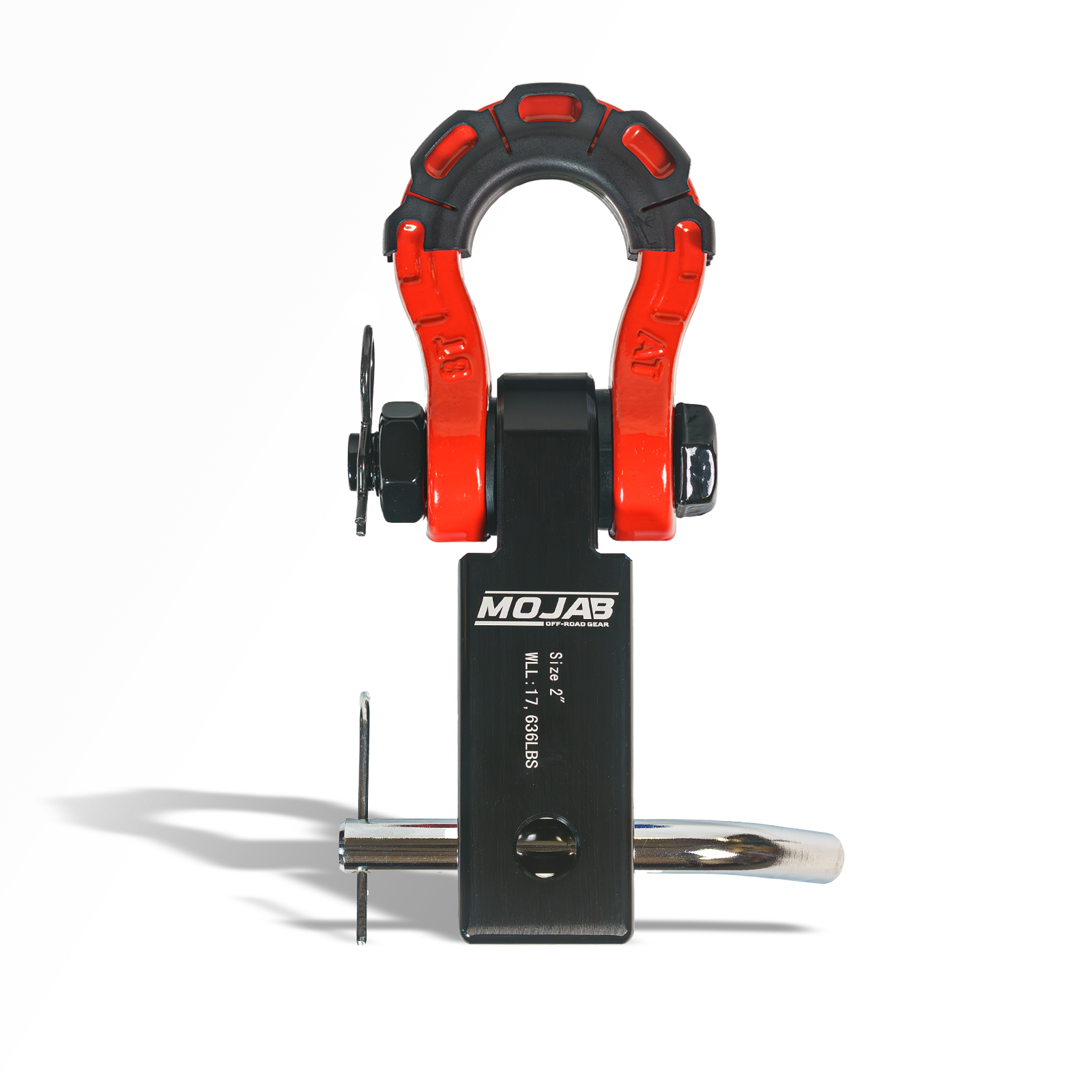 Red 2-inch aluminum hitch receiver with steel D-shackle from MOJAB OFFROAD, designed for off-road towing and recovery.