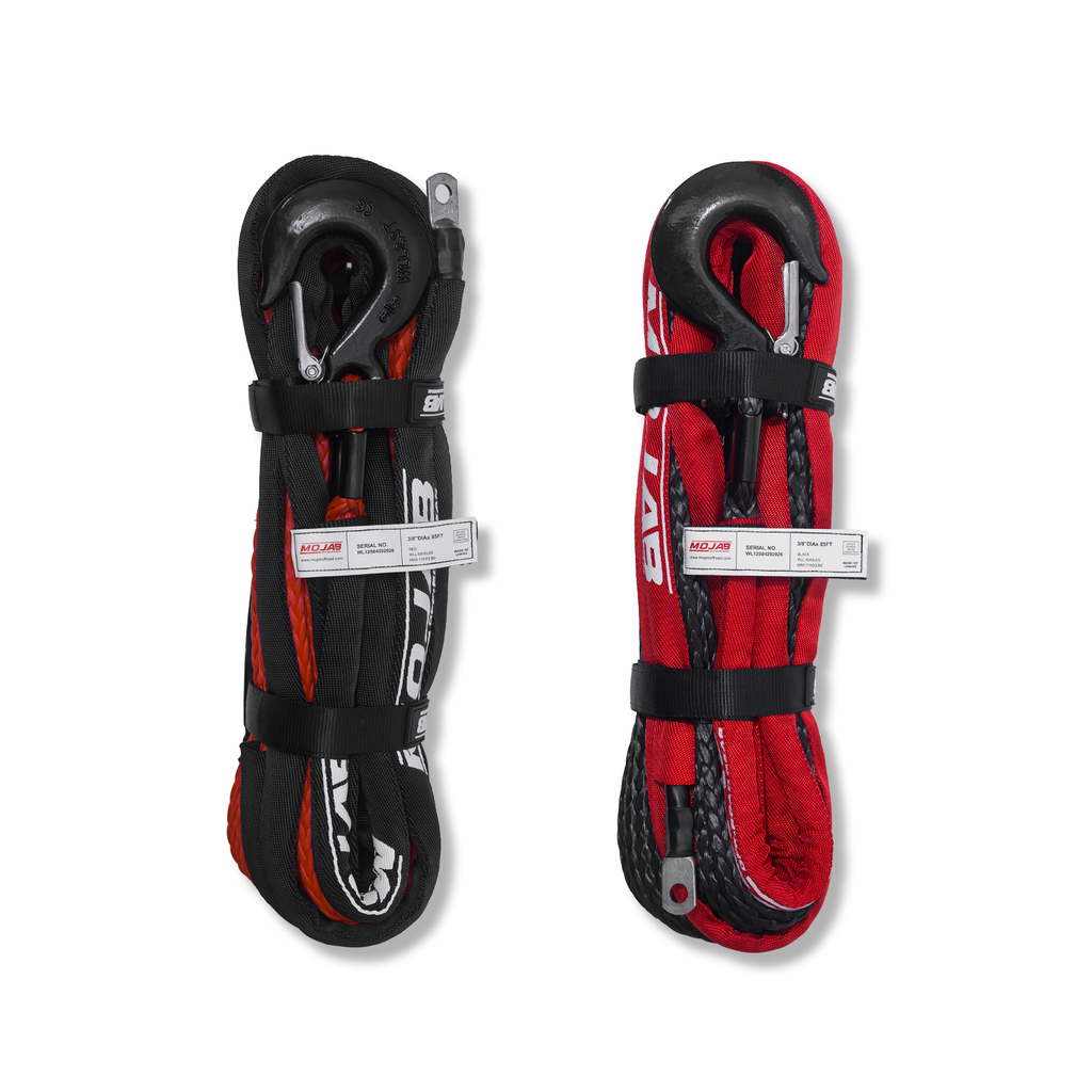 Red 3/8-inch by 85-foot synthetic winch rope with removable forged hook, suitable for off-road recovery by MOJAB OFFROAD.