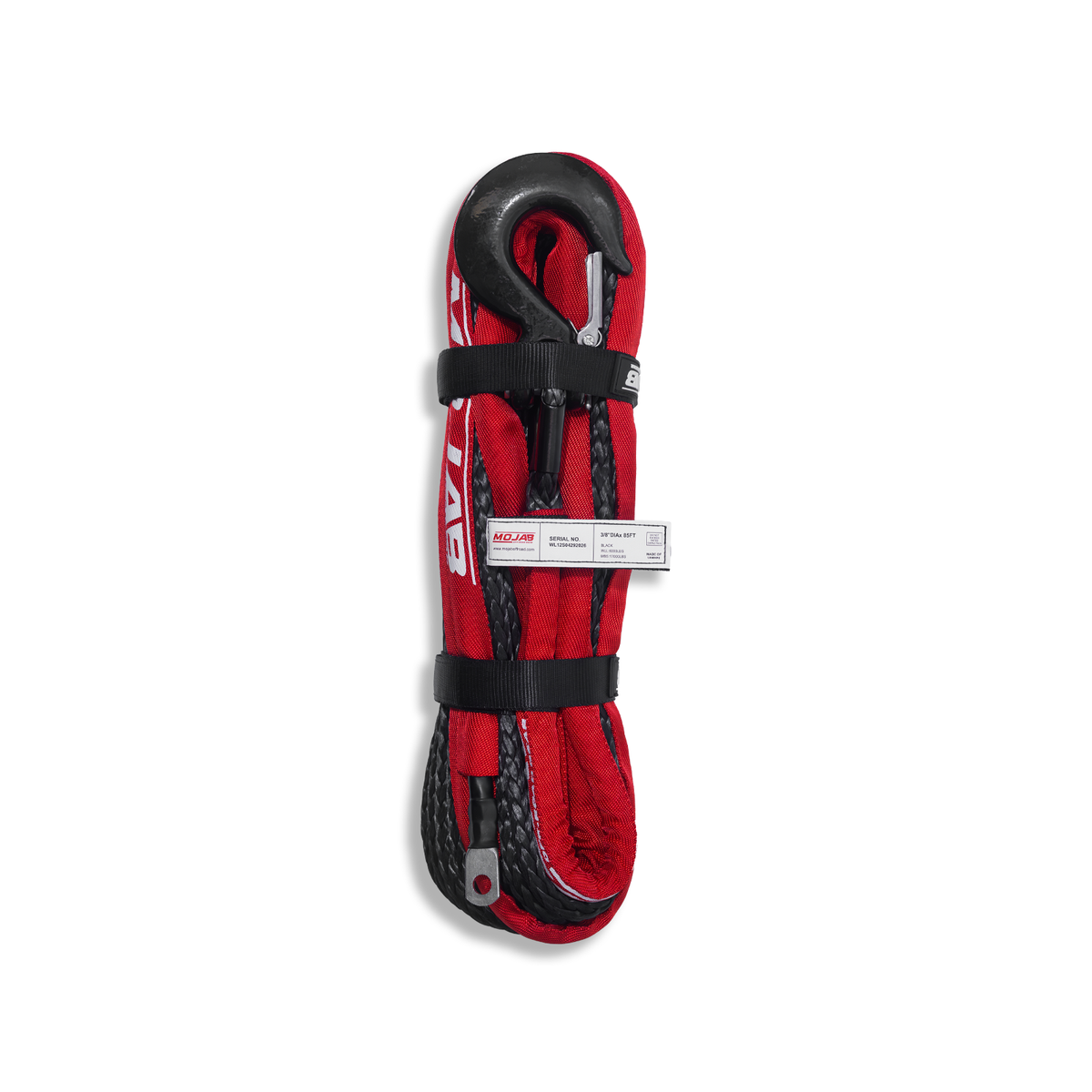 Red MOJAB OFFROAD 3/8 inch x 85 foot synthetic winch rope with forged hook for off-road recovery and towing.