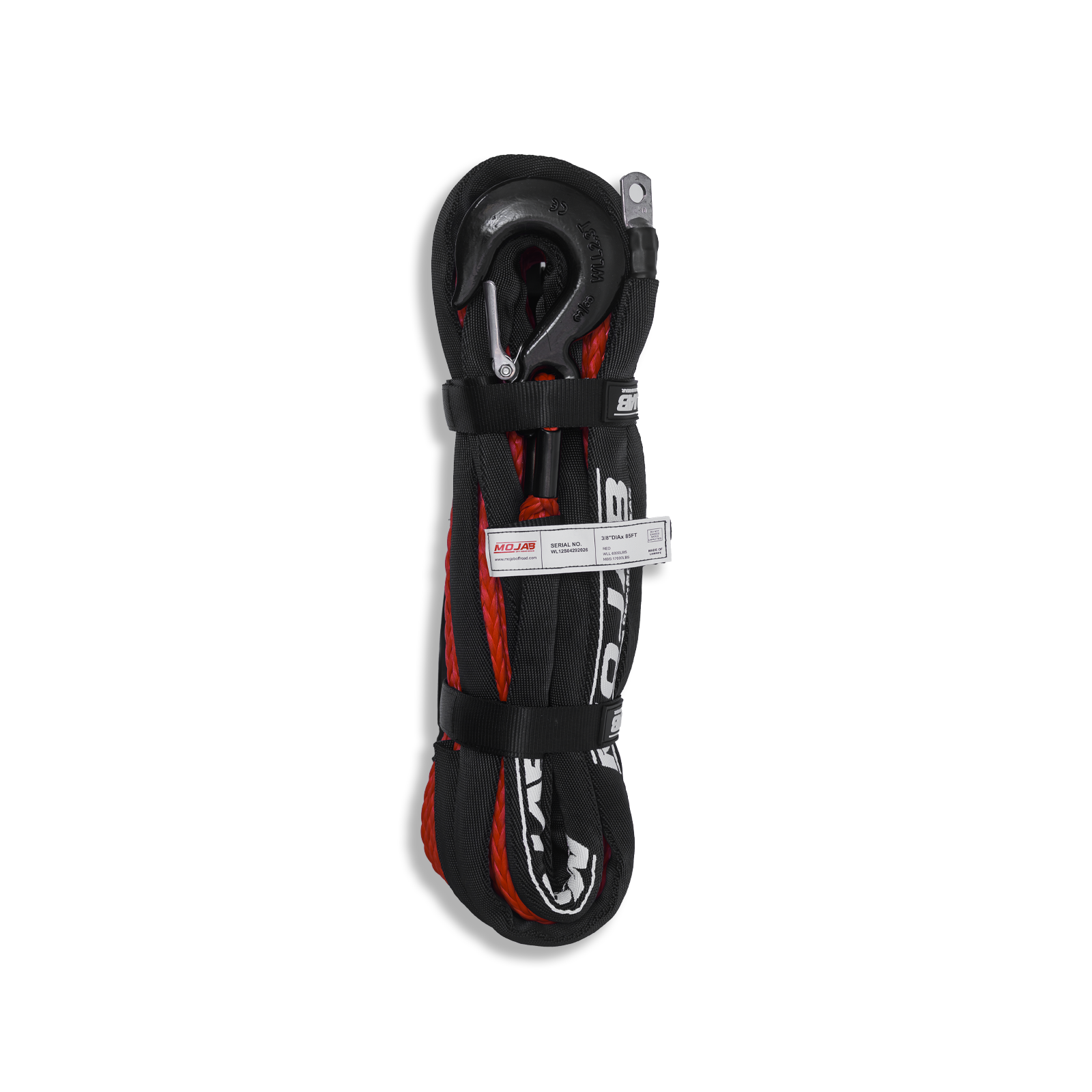 Red 3/8 inch x 85-foot synthetic winch rope with removable forged hook from MOJAB OFFROAD, designed for heavy-duty vehicle recovery.