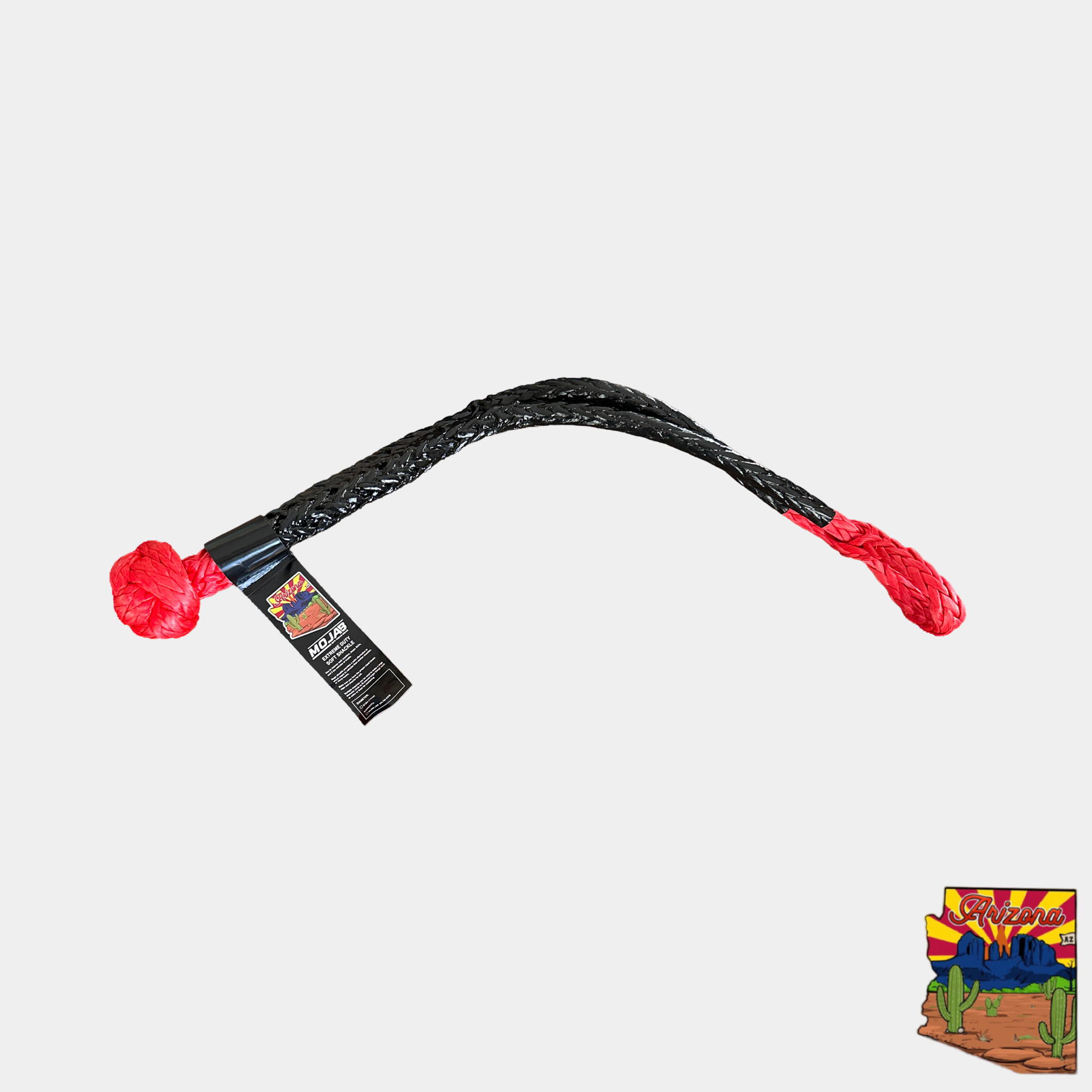 Red MOJAB OFFROAD extreme duty soft shackle in 9/16 inch by 31.5 inch size with a lifetime warranty, shown in close-up.