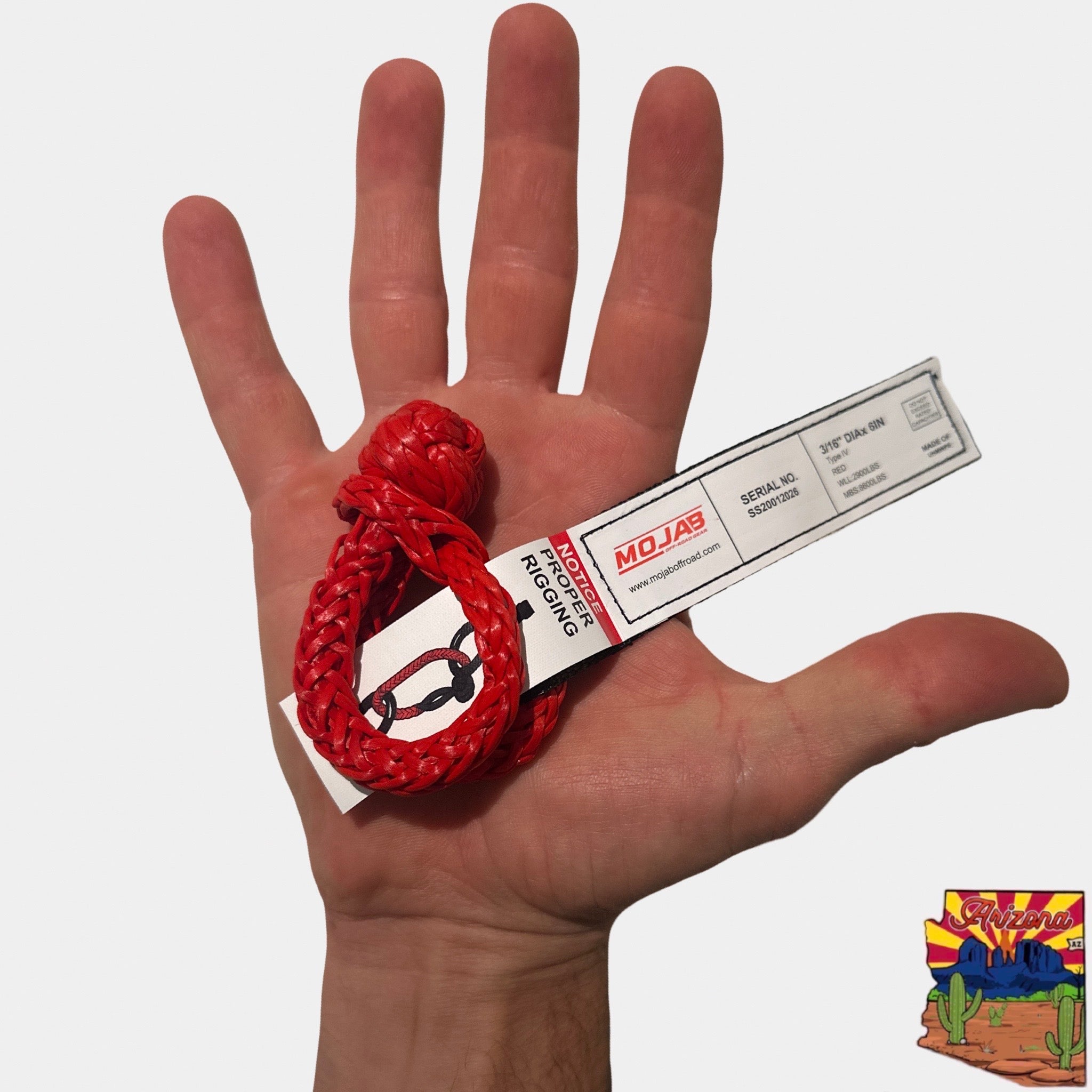 Red Mojab Offroad Micro Soft Shackle 3/16” x 6” for keychain and recovery with lifetime warranty, durable off-road accessory.