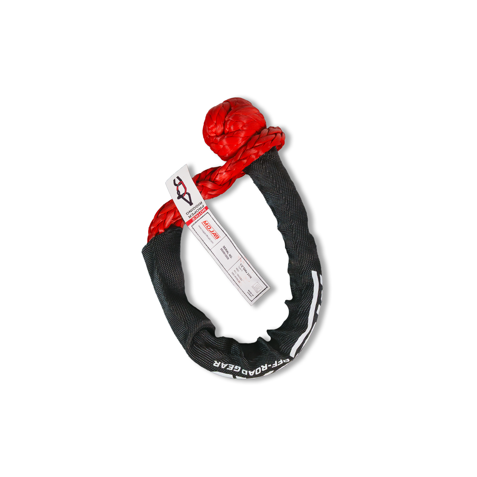 Red MOJAB OFFROAD soft shackle, 1/2 inch by 24 inches with sleeve and bag, durable single shackle for off-road recovery.
