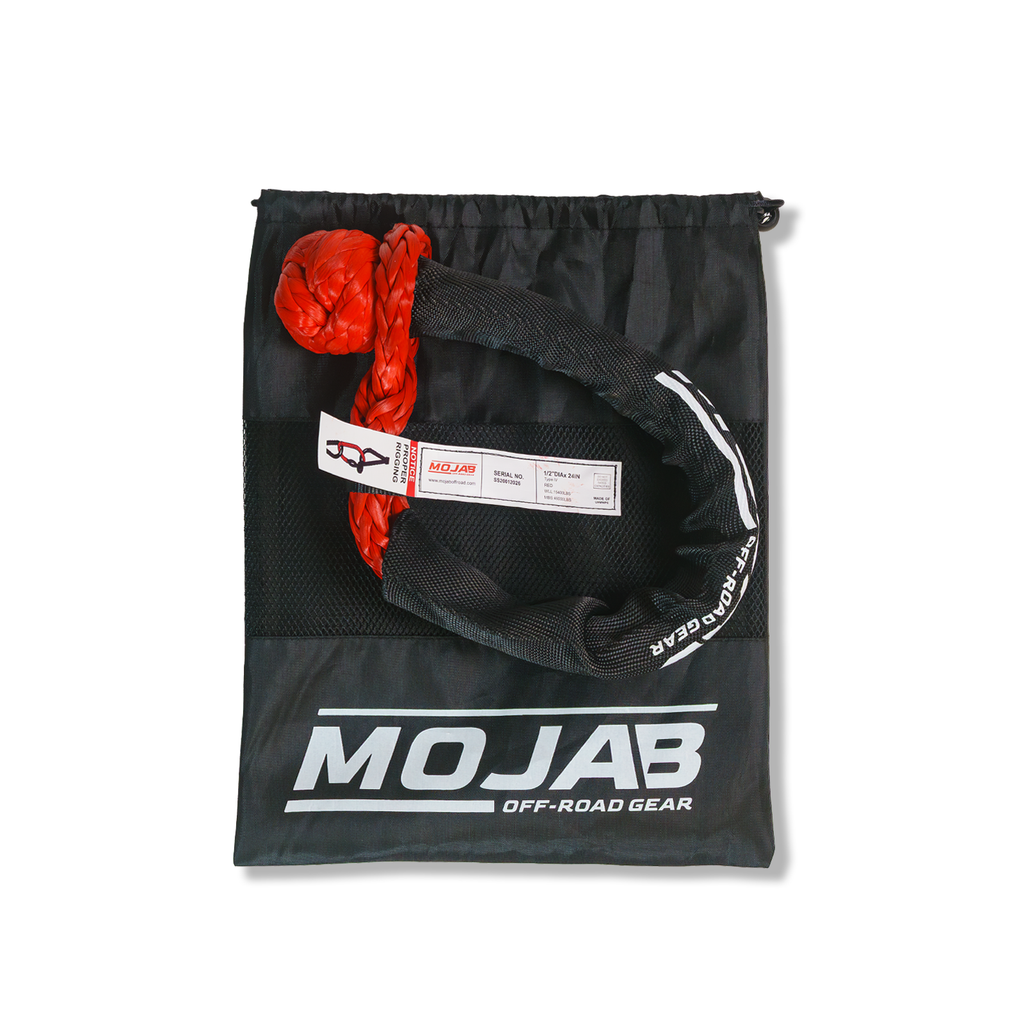 Red MOJAB OFFROAD soft shackle 1/2 inch x 24 inches with sleeve and bag, durable single shackle for off-road recovery.