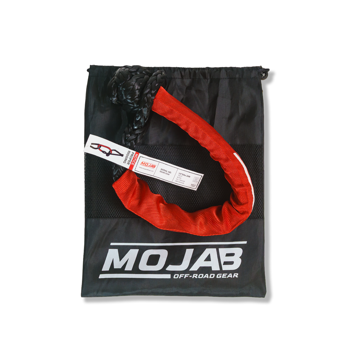 Red MOJAB OFFROAD soft shackle, 1/2 inch x 24 inches, with sleeve and storage bag for off-road recovery and towing.