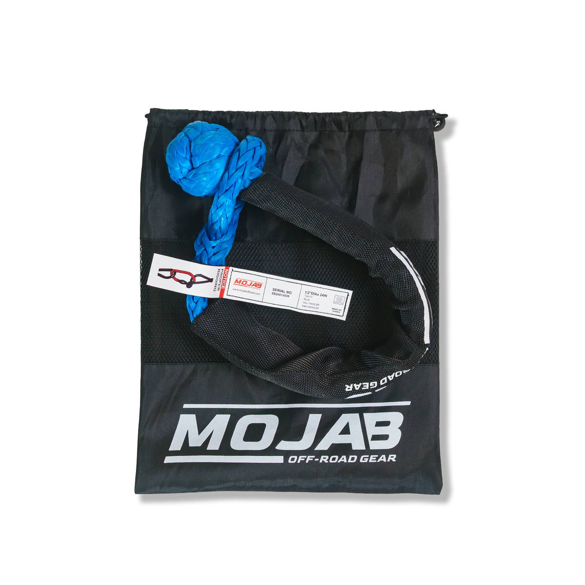 Red MOJAB OFFROAD soft shackle 1/2 inch by 24 inches with sleeve and bag for off-road recovery and towing.