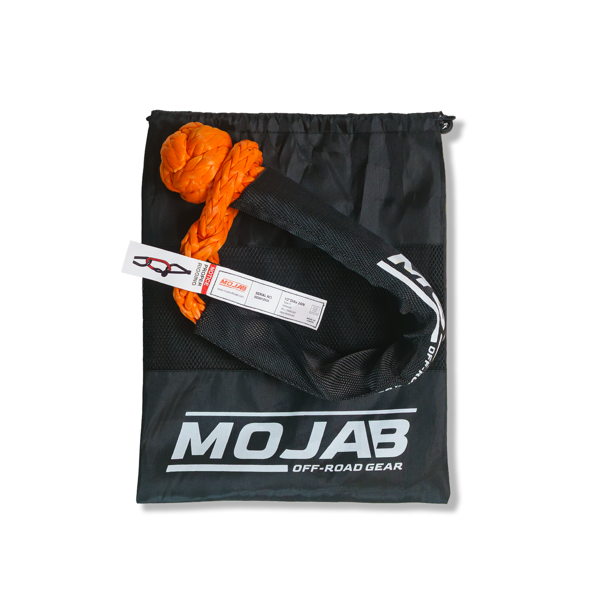 Red MOJAB OFFROAD soft shackle, 1/2 inch by 24 inches, with sleeve and bag, durable off-road recovery gear.
