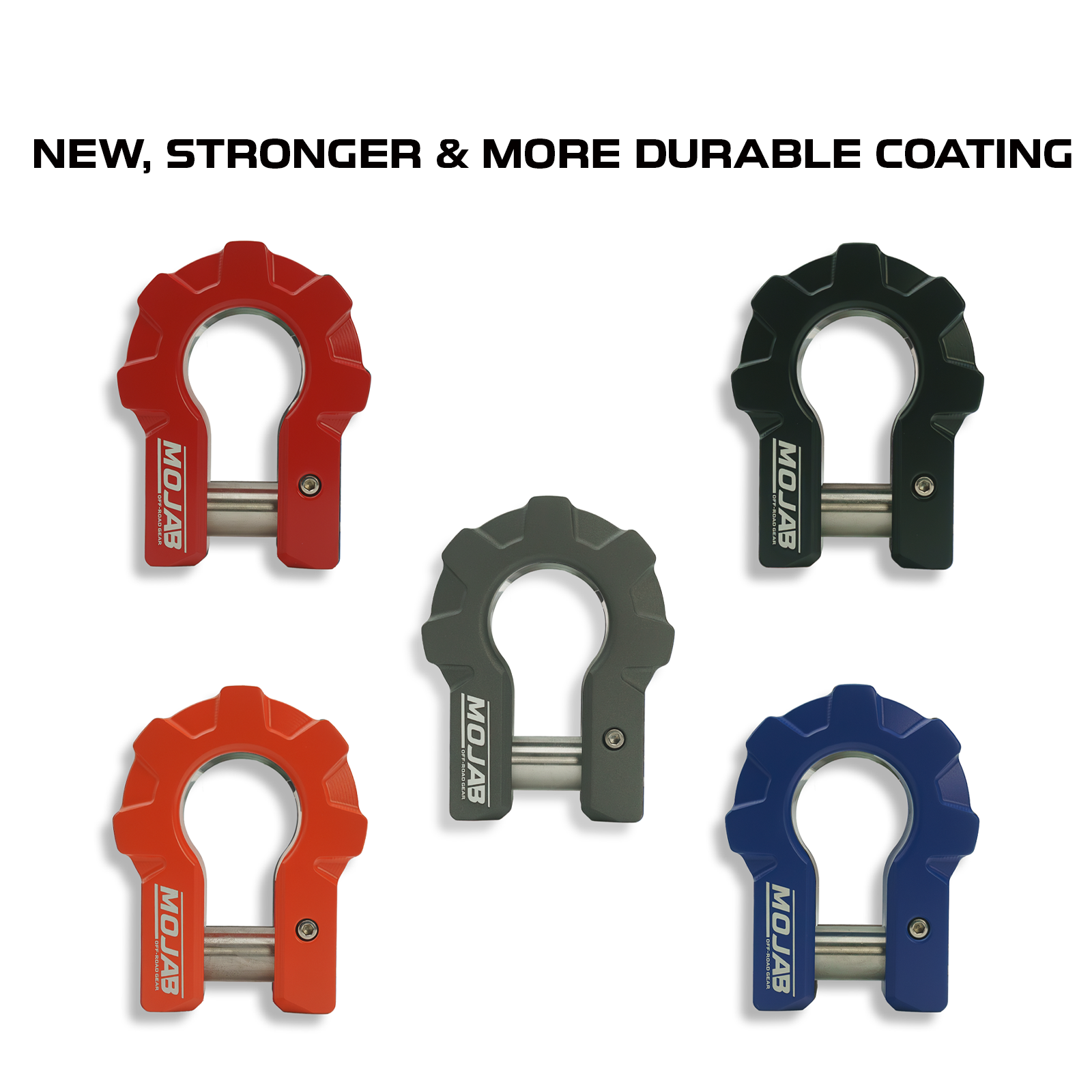Red 3/4-inch MOJAB OFFROAD extreme duty aluminum D-shackle set with ceramic coating, durable off-road recovery gear.