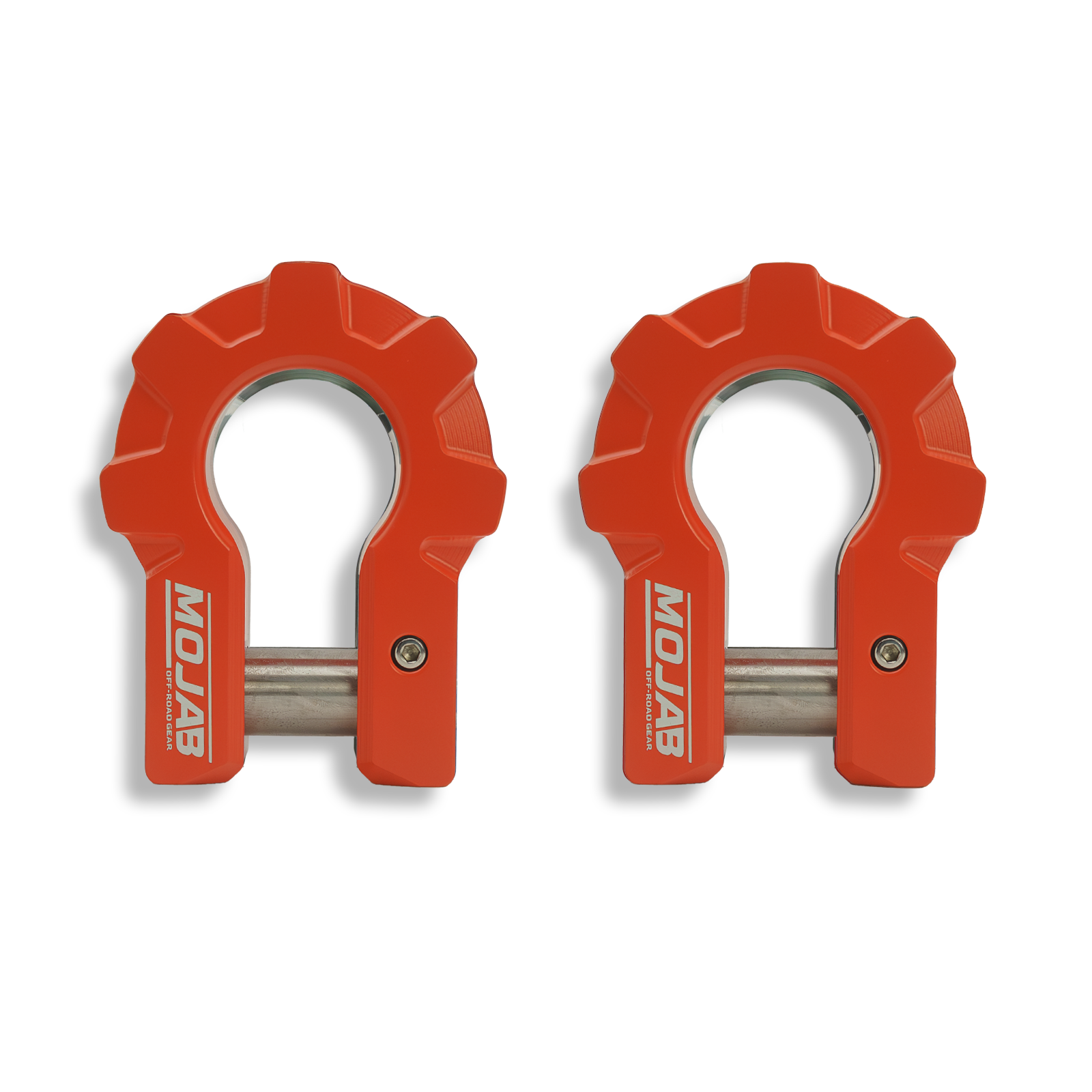 Red 3/4-inch aluminum D-shackle set by Mojab Offroad, extreme duty, ceramic coated, 9-ton capacity for heavy-duty recovery tasks.